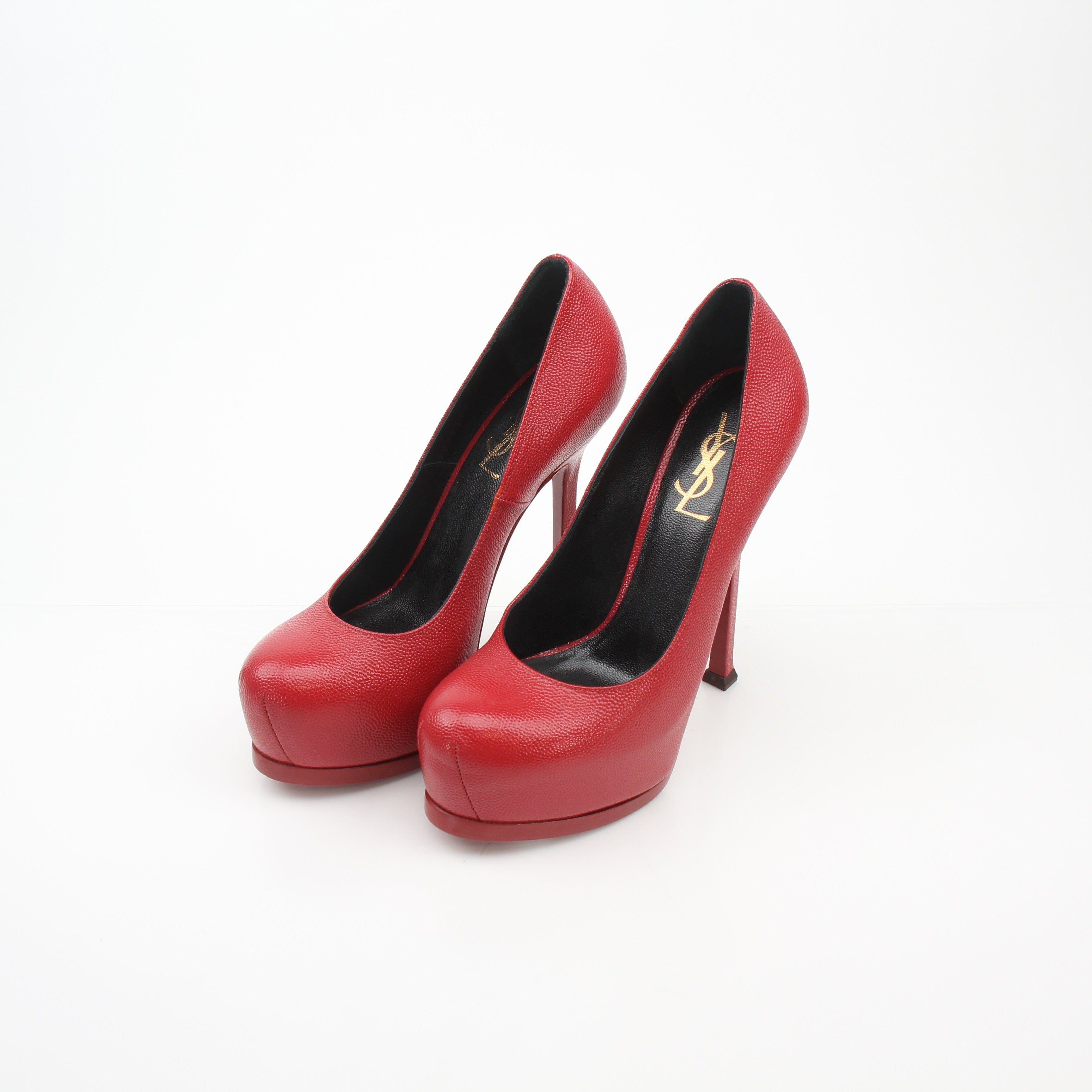 Saint Laurent Tribute Two Red Pebbled Leather Platform Pumps