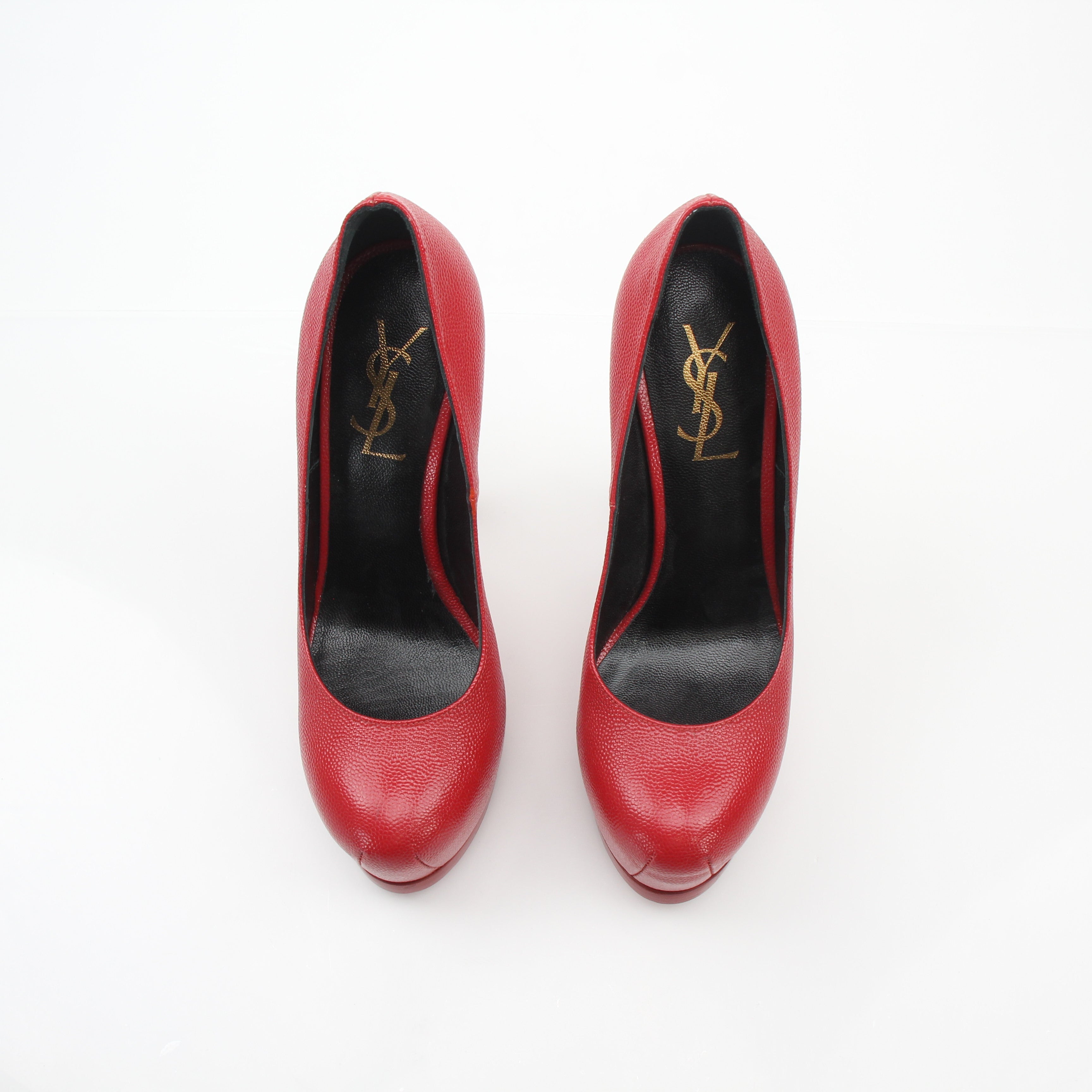 Saint Laurent Tribute Two Red Pebbled Leather Platform Pumps