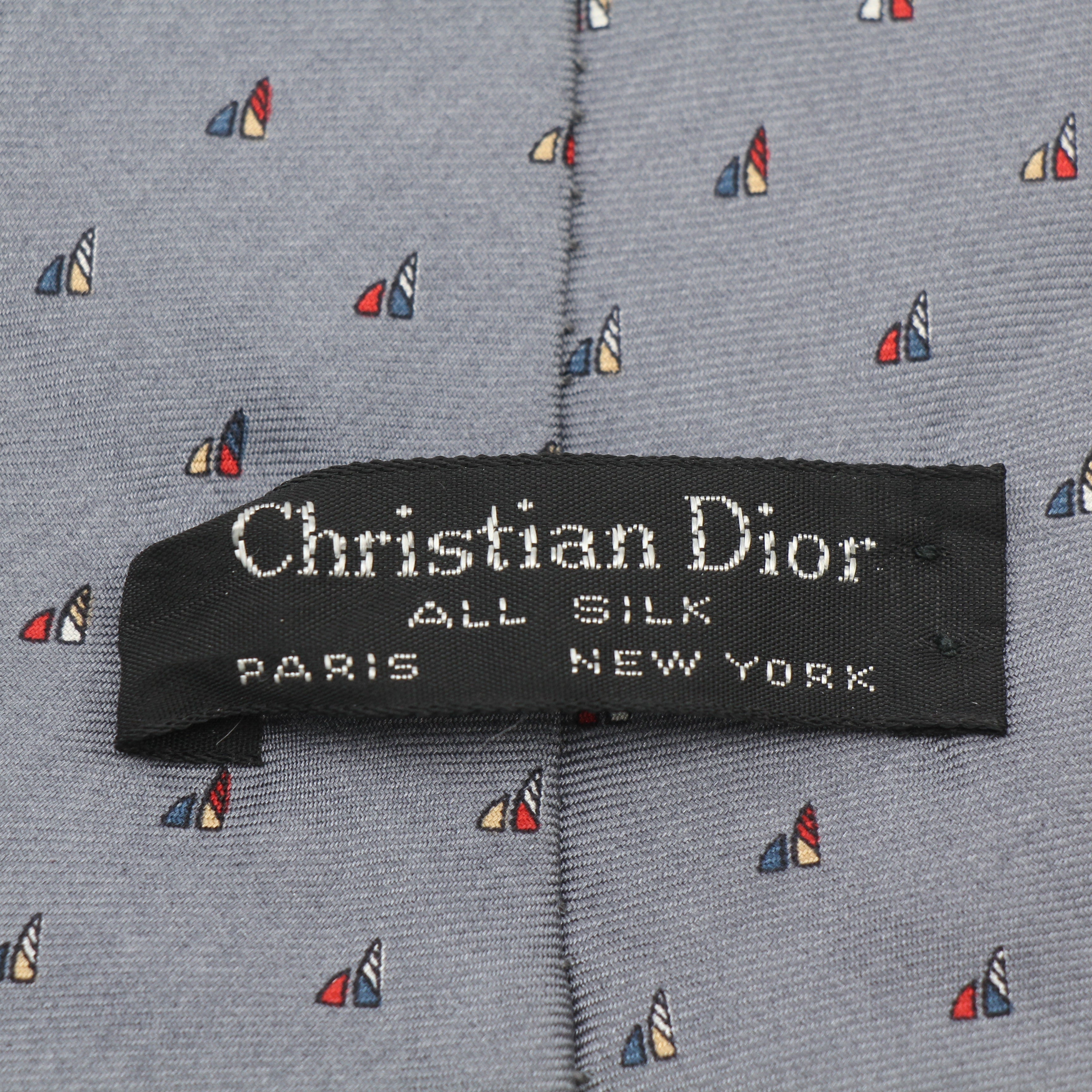 Christian Dior Gray Silk Sailboat Print Neck Tie