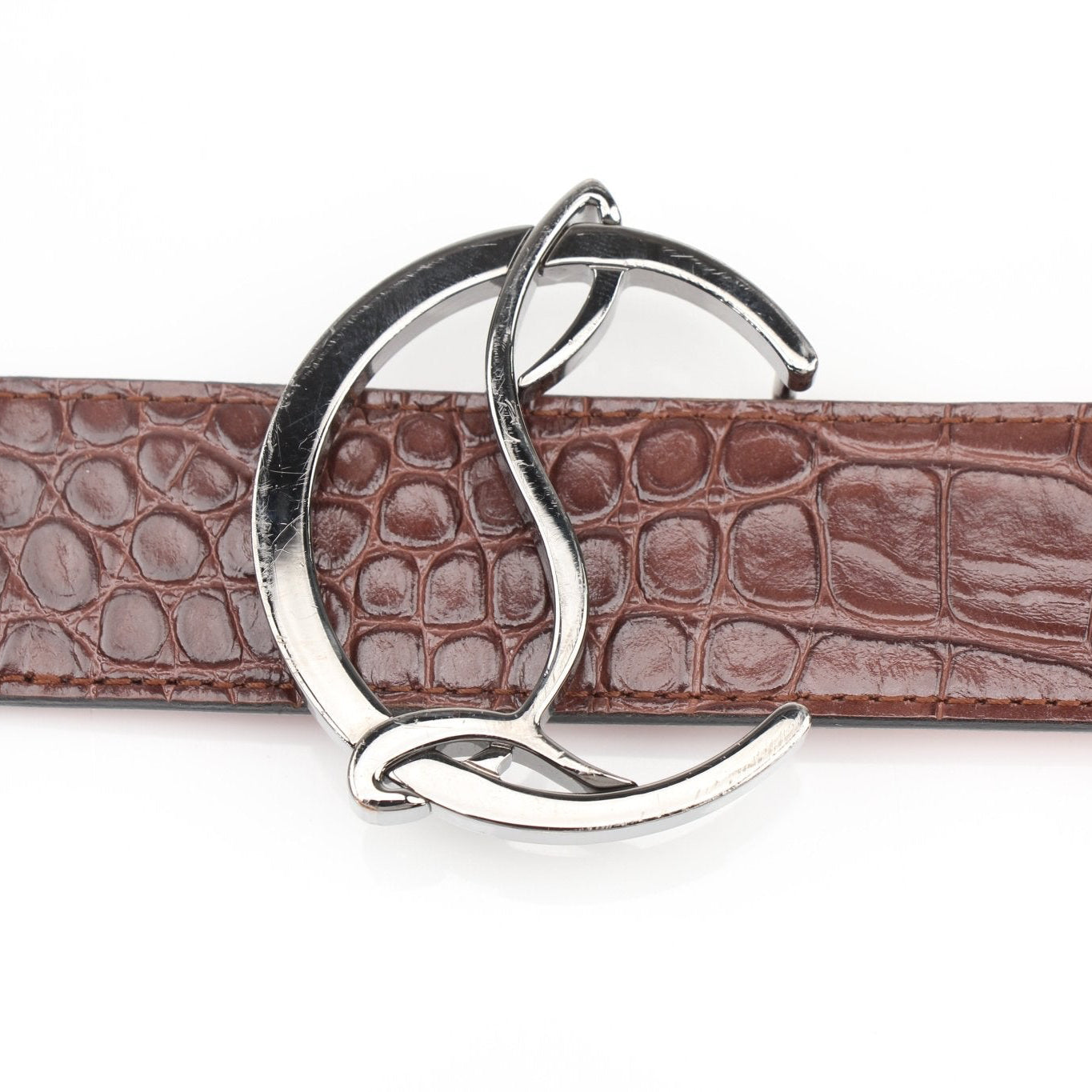 Croc-embossed leather Christian Louboutin belt featuring gold-tone accessories, displayed on a neutral background.