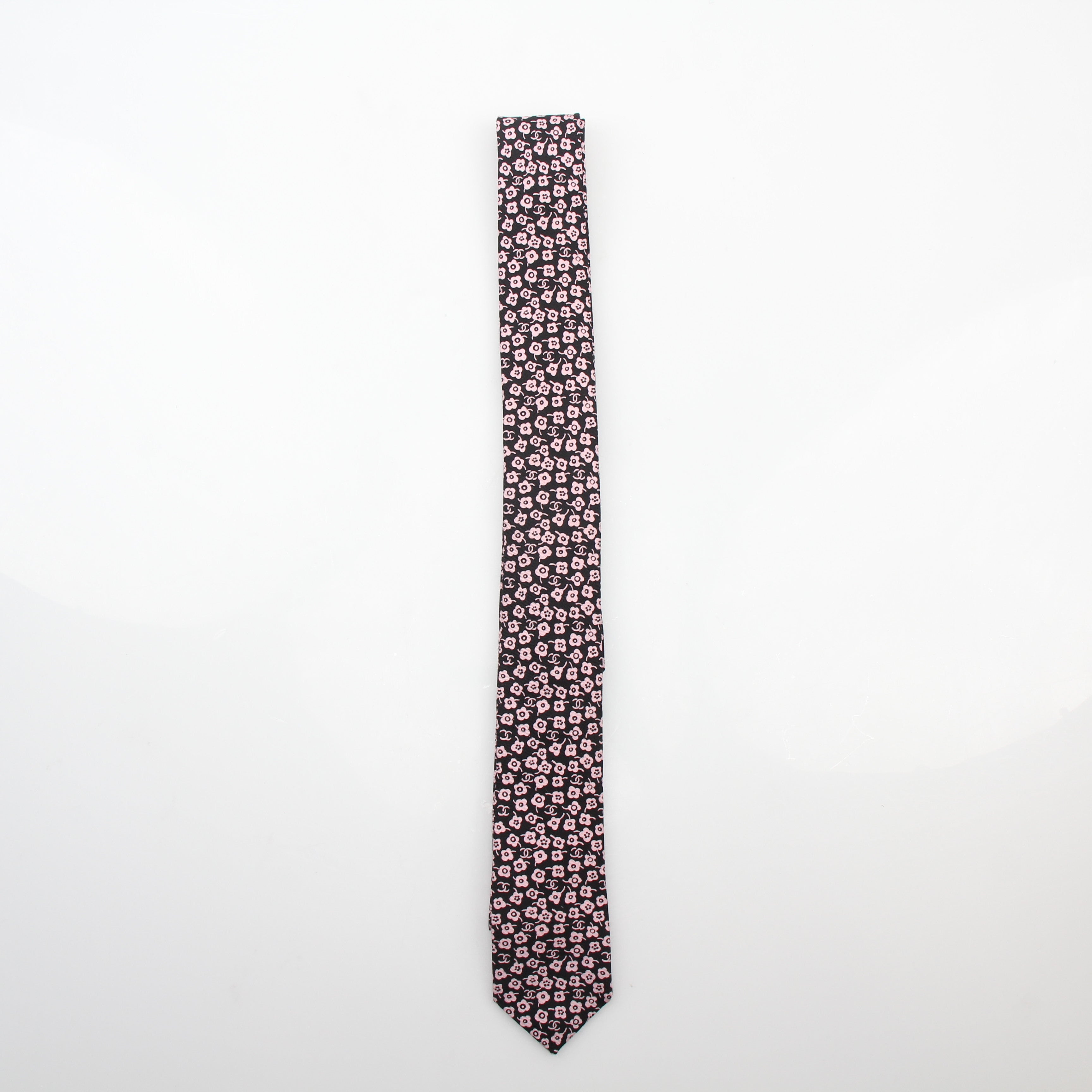 Chanel Summer Black & Pink Floral Print Neck Tie