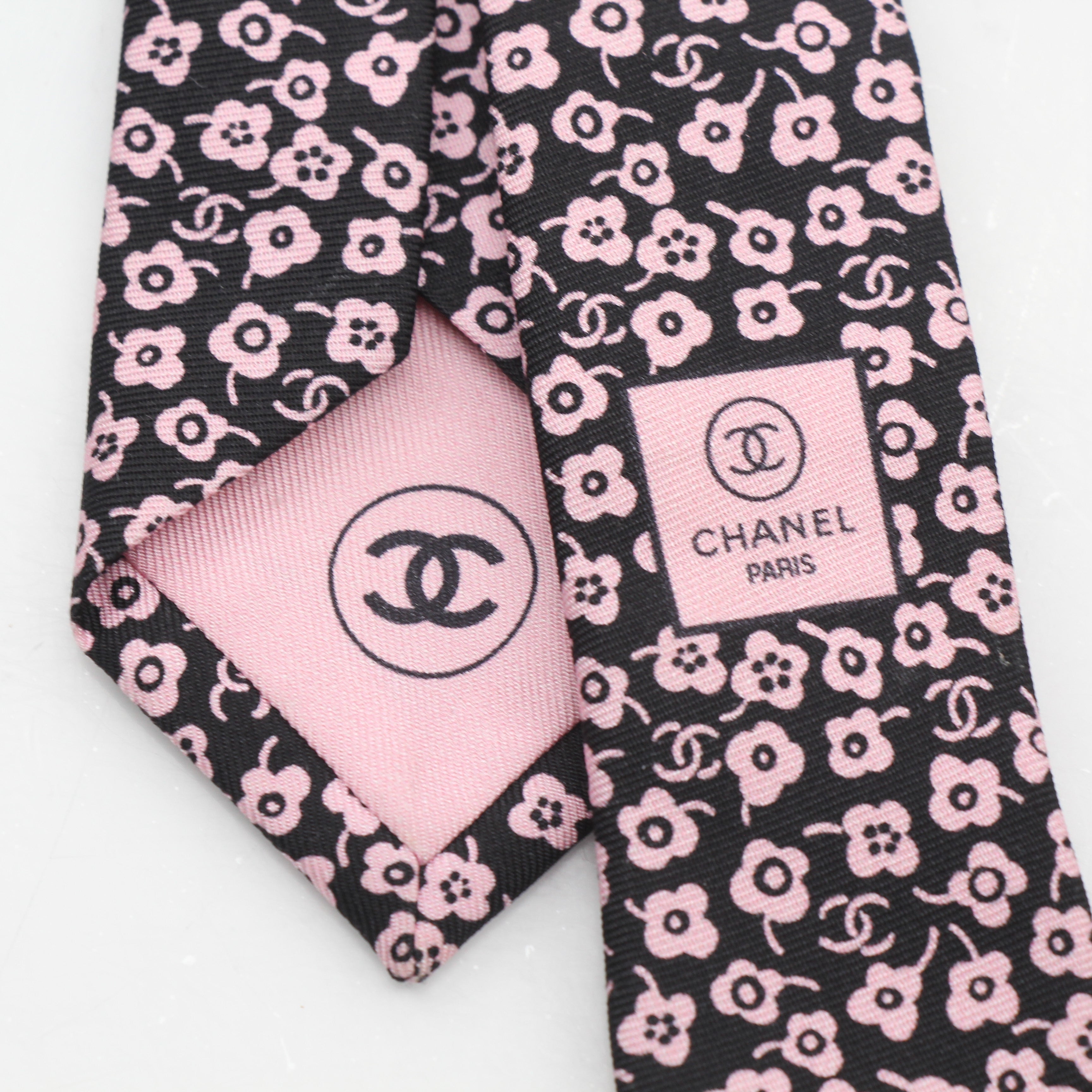 Chanel Summer Black & Pink Floral Print Neck Tie