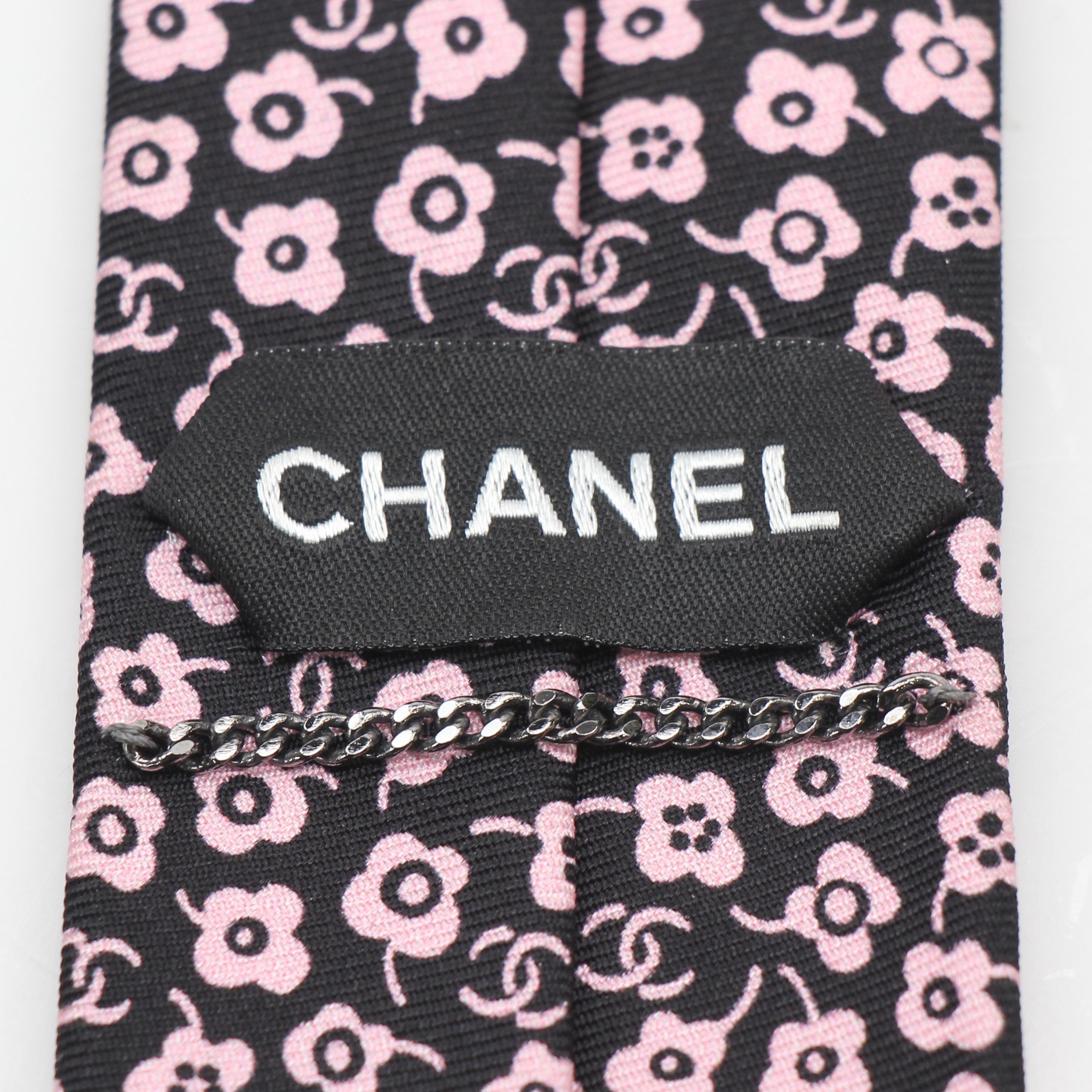 Chanel Summer Black & Pink Floral Print Neck Tie