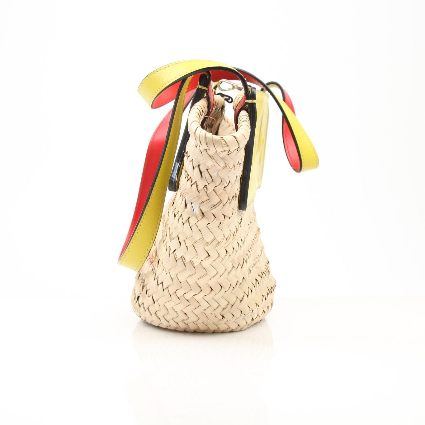 Christian Louboutin Raffia shoulder handbag with gold accents, featuring woven raffia material and stylish shoulder strap.