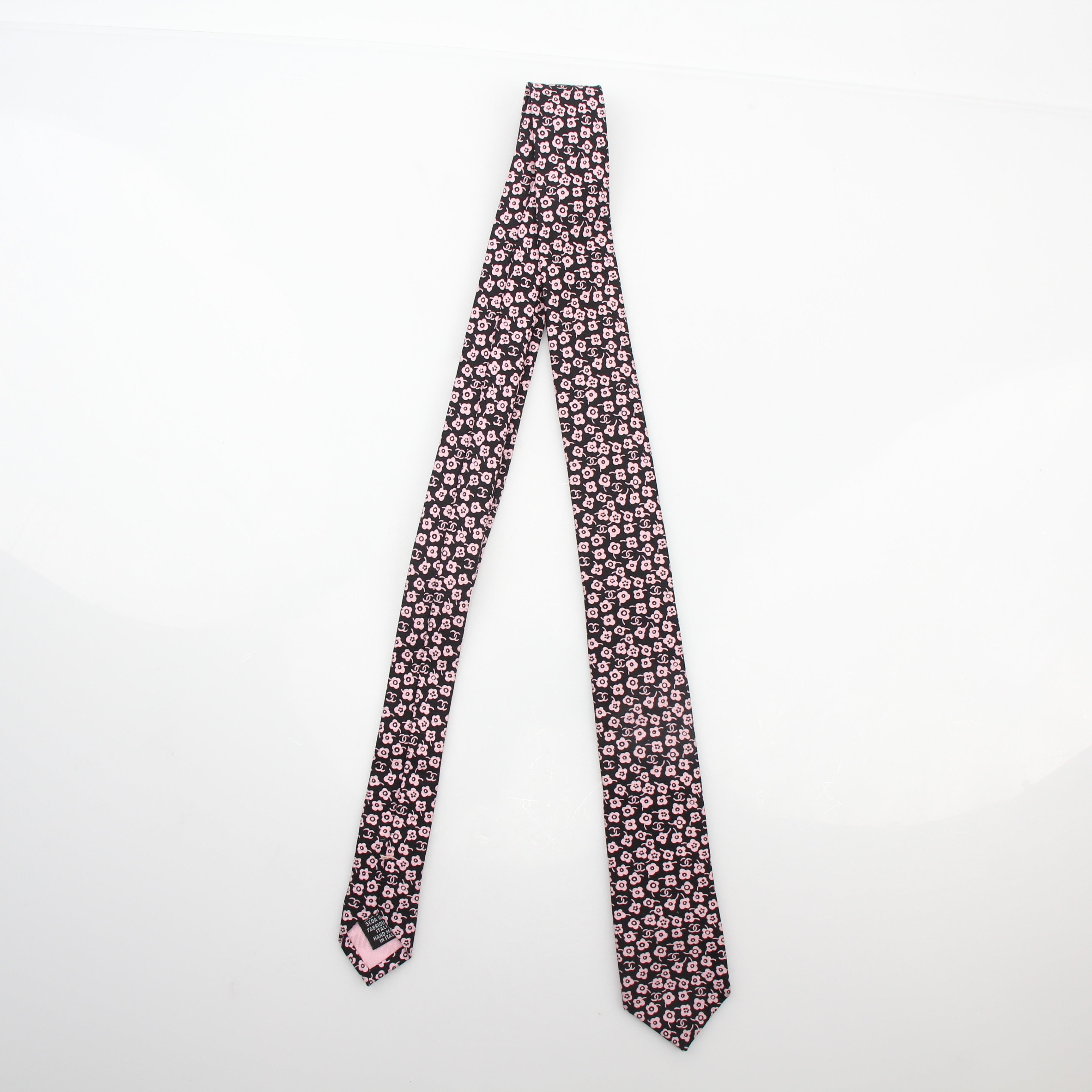 Chanel Summer Black & Pink Floral Print Neck Tie