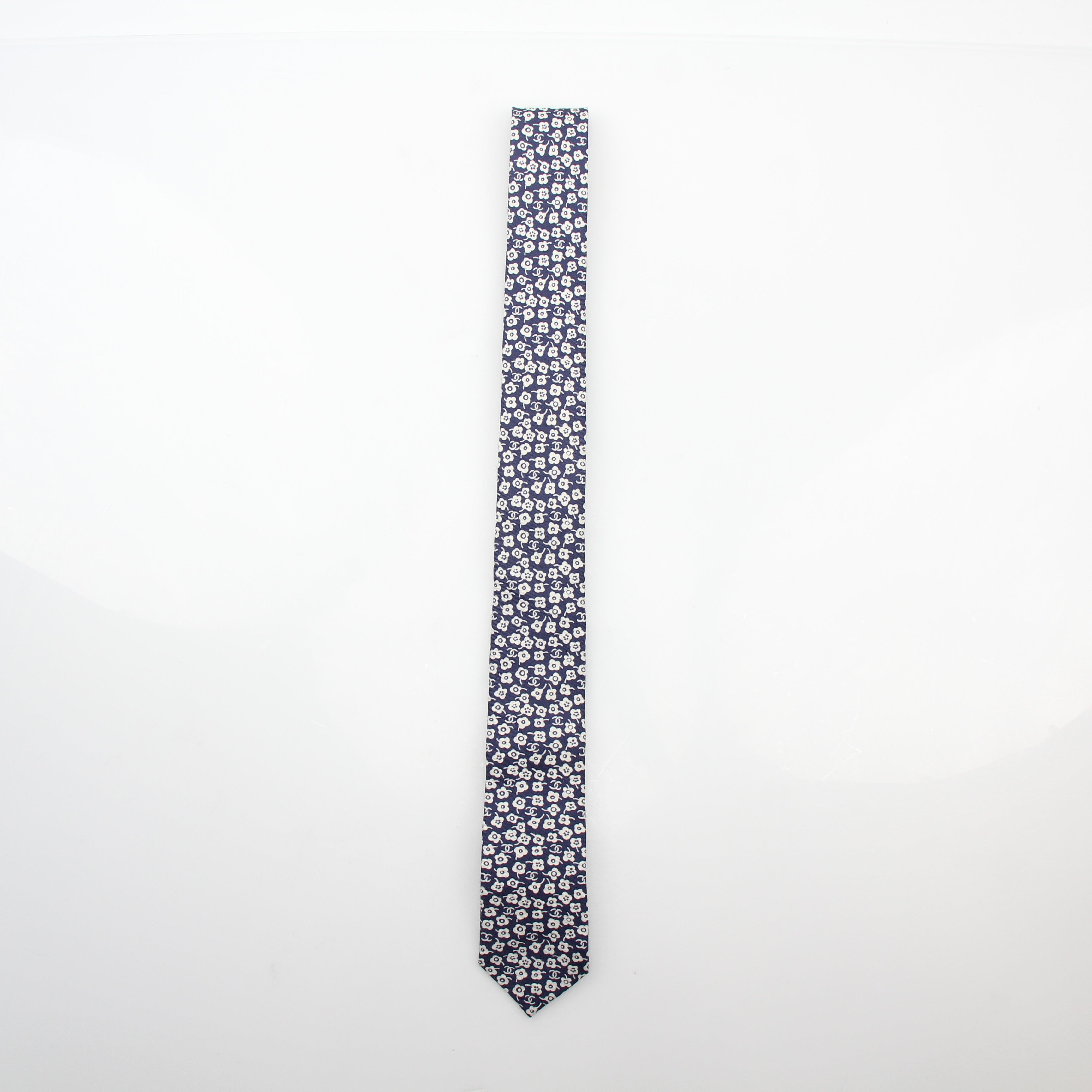 Chanel Blue Floral CC Silk Neck Tie