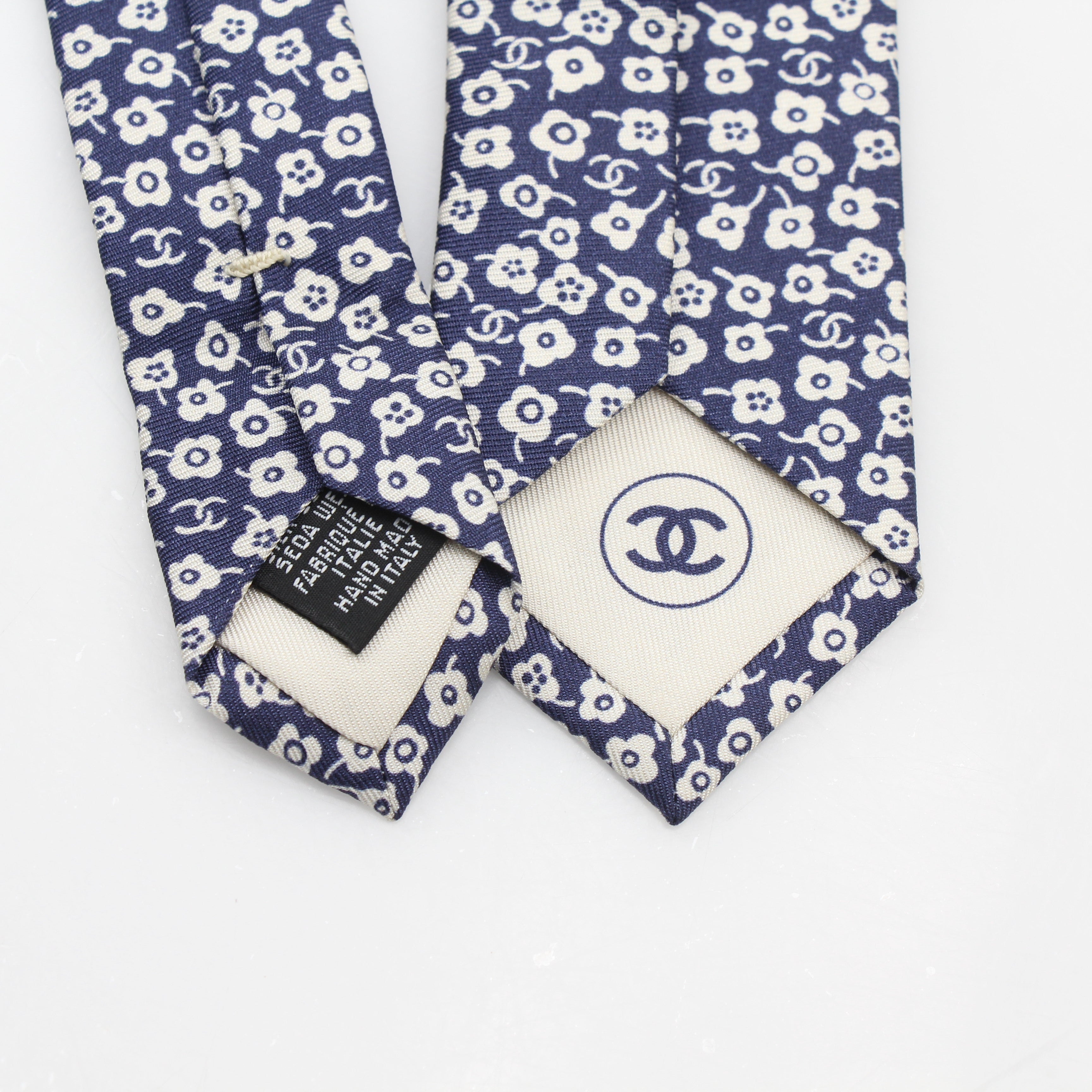 Chanel Blue Floral CC Silk Neck Tie