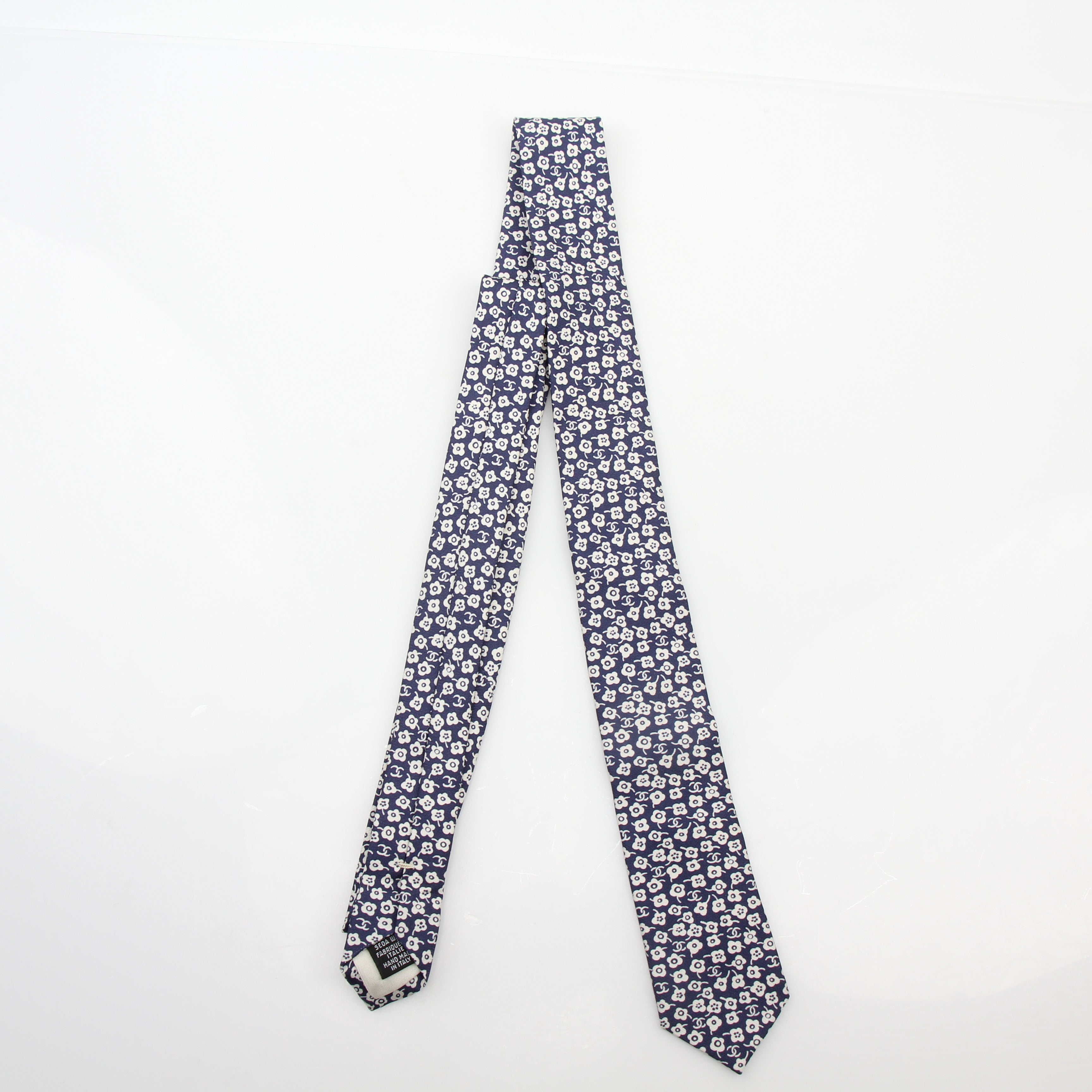 Chanel Blue Floral CC Silk Neck Tie
