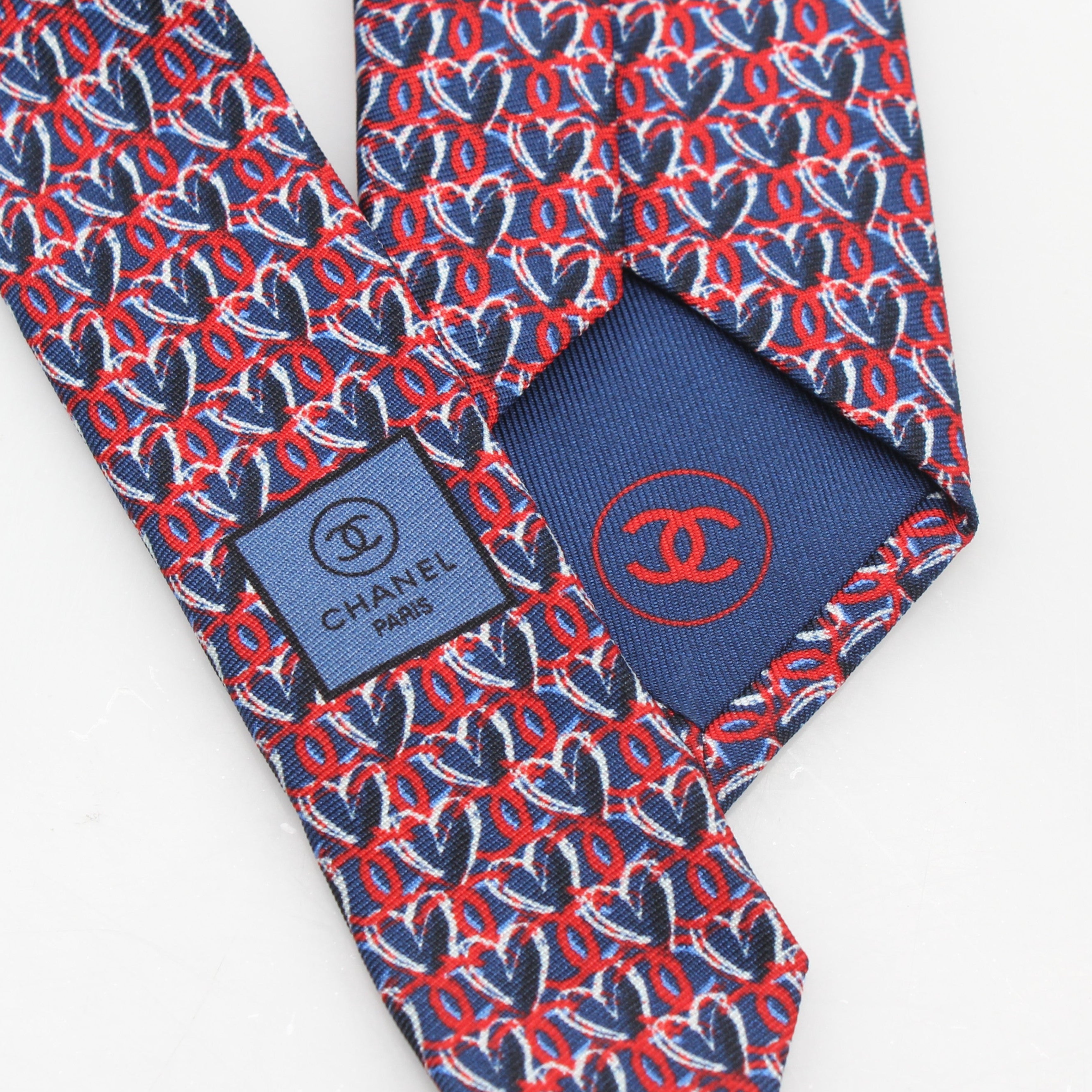 Chanel Heart Print Silk Neck Tie Blue Red