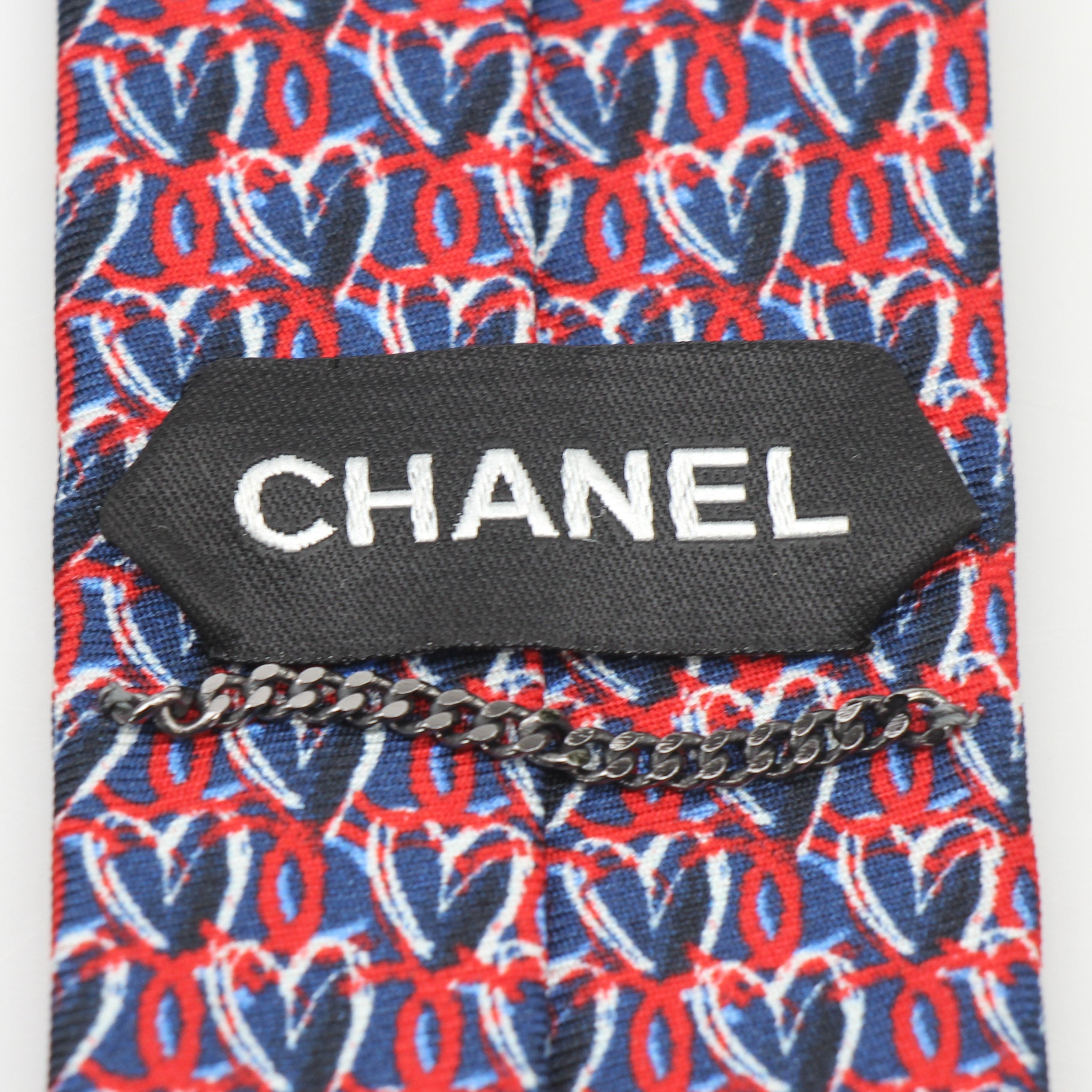 Chanel Heart Print Silk Neck Tie Blue Red