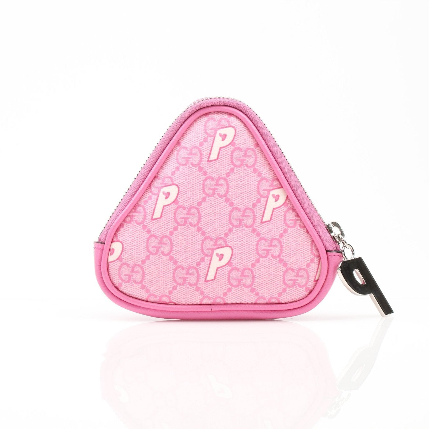 Gold & Beyond Gucci x Palace triangle pouch wallet with logo design, compact and stylish, featuring a zipper closure and leather accents.