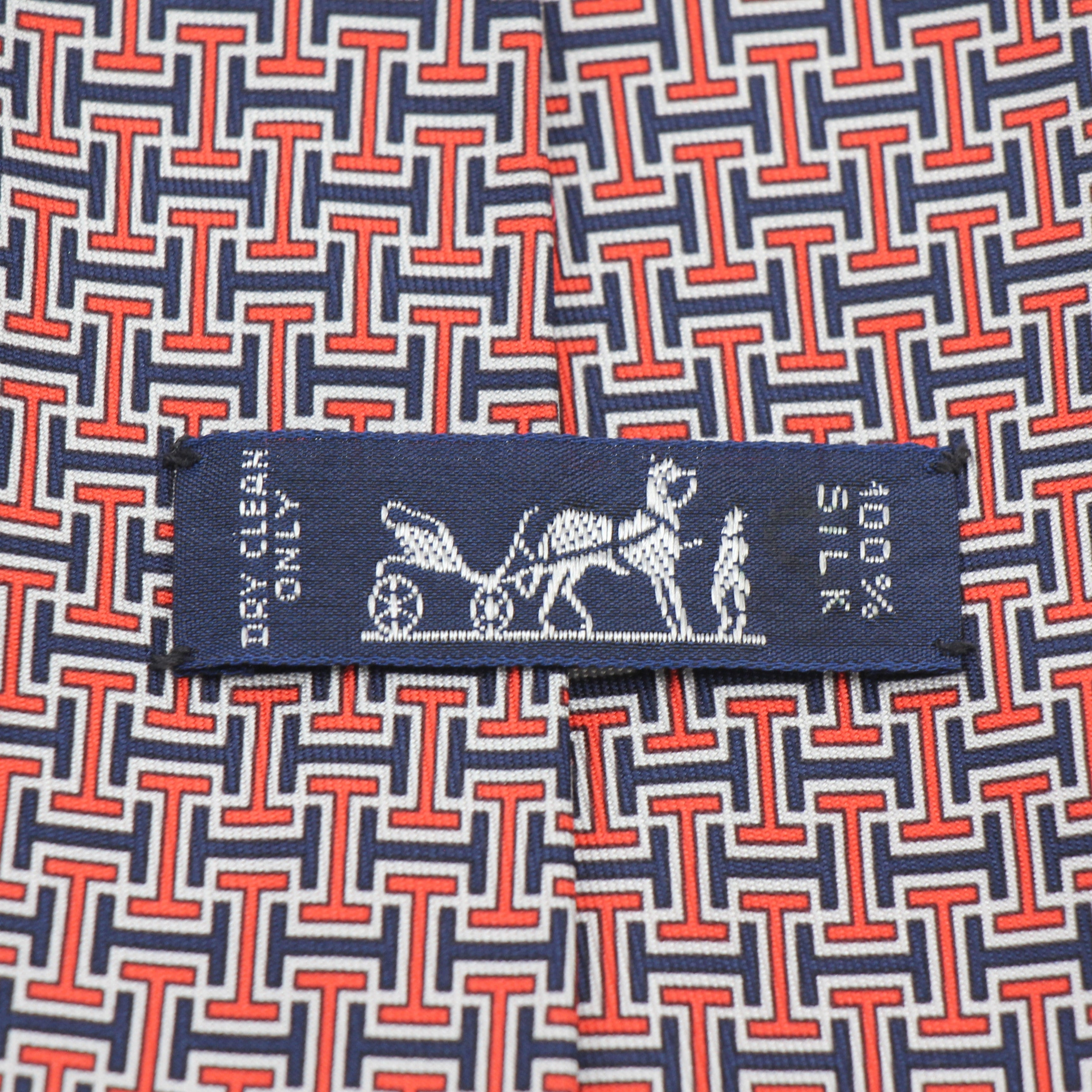 Hermès Geometric Silk Neck Tie Red Navy