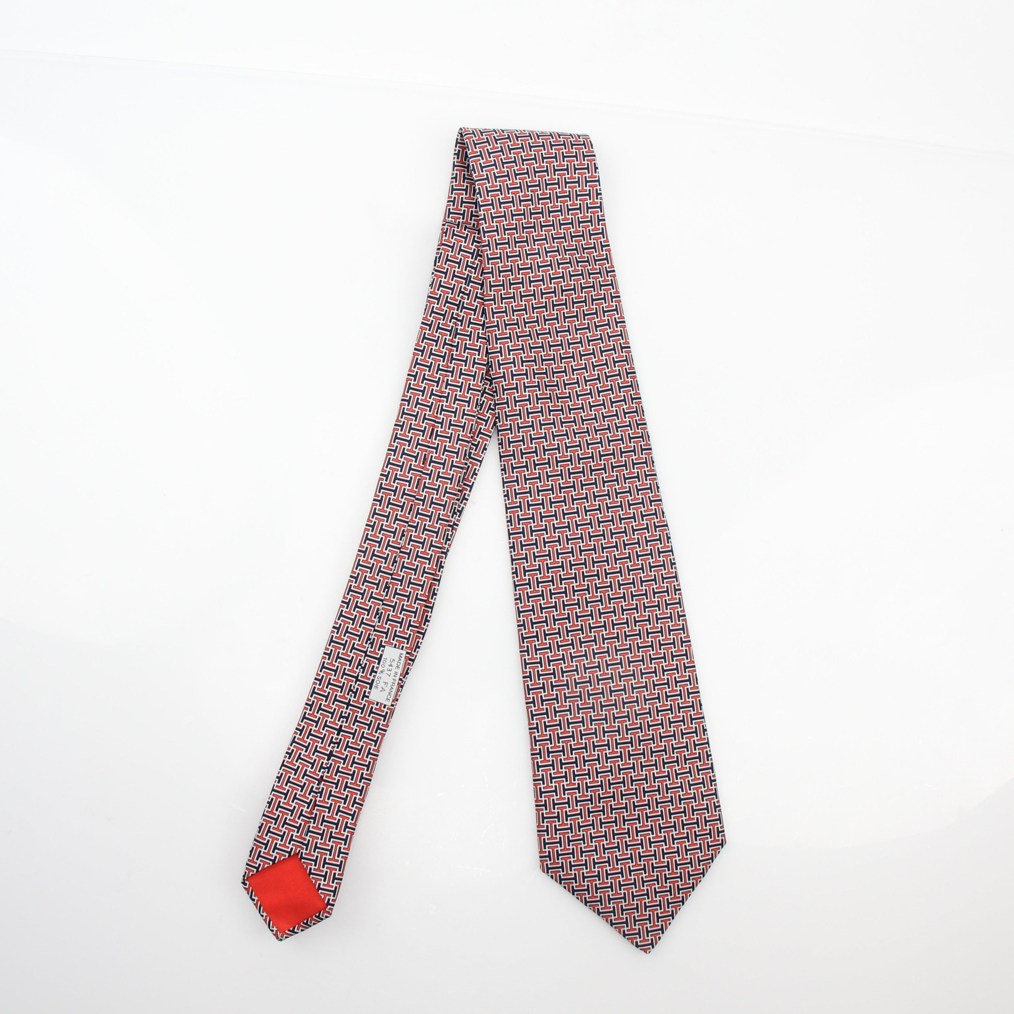 Hermès Geometric Silk Neck Tie Red Navy