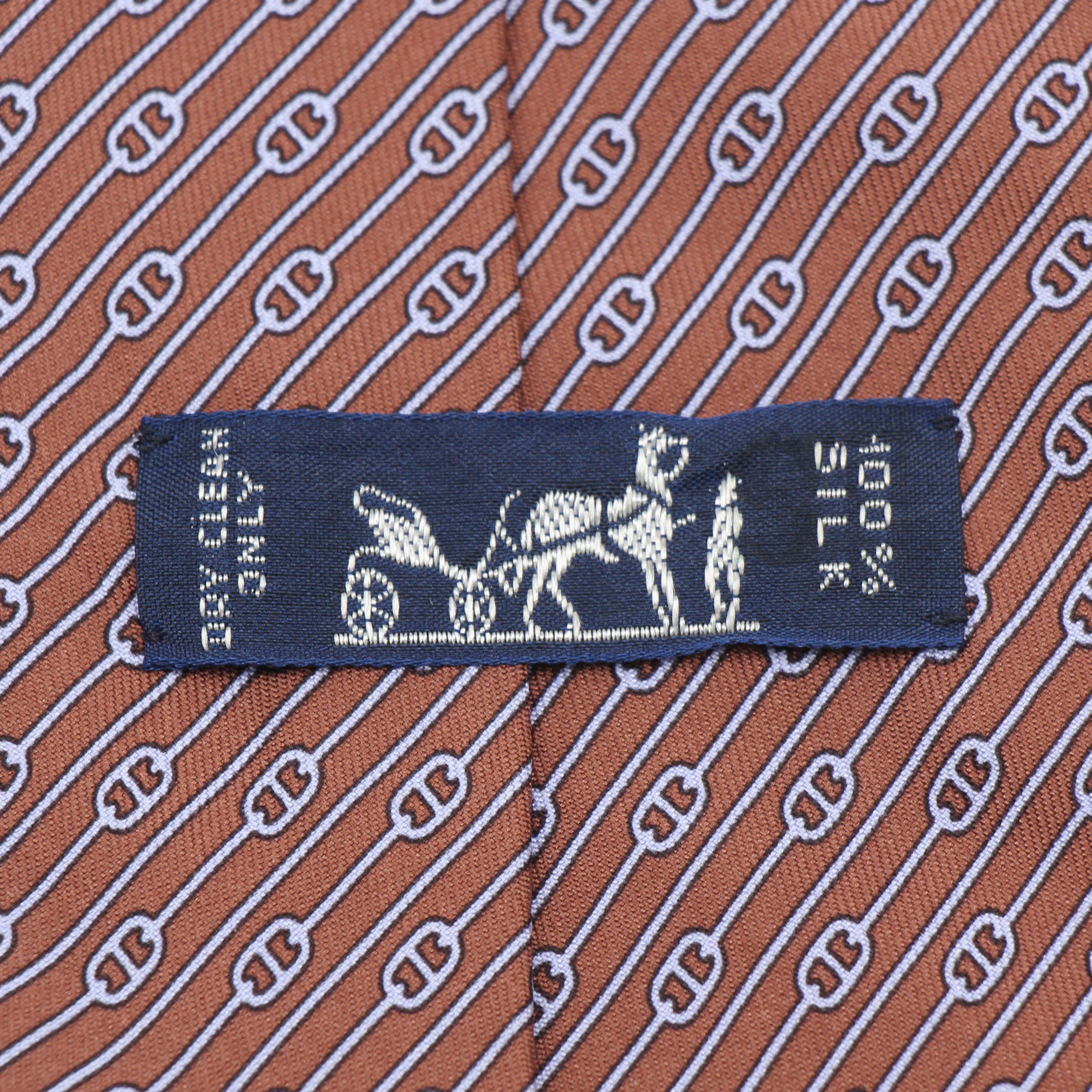 Hermès Brown Purple Chain Print Silk Neck Tie