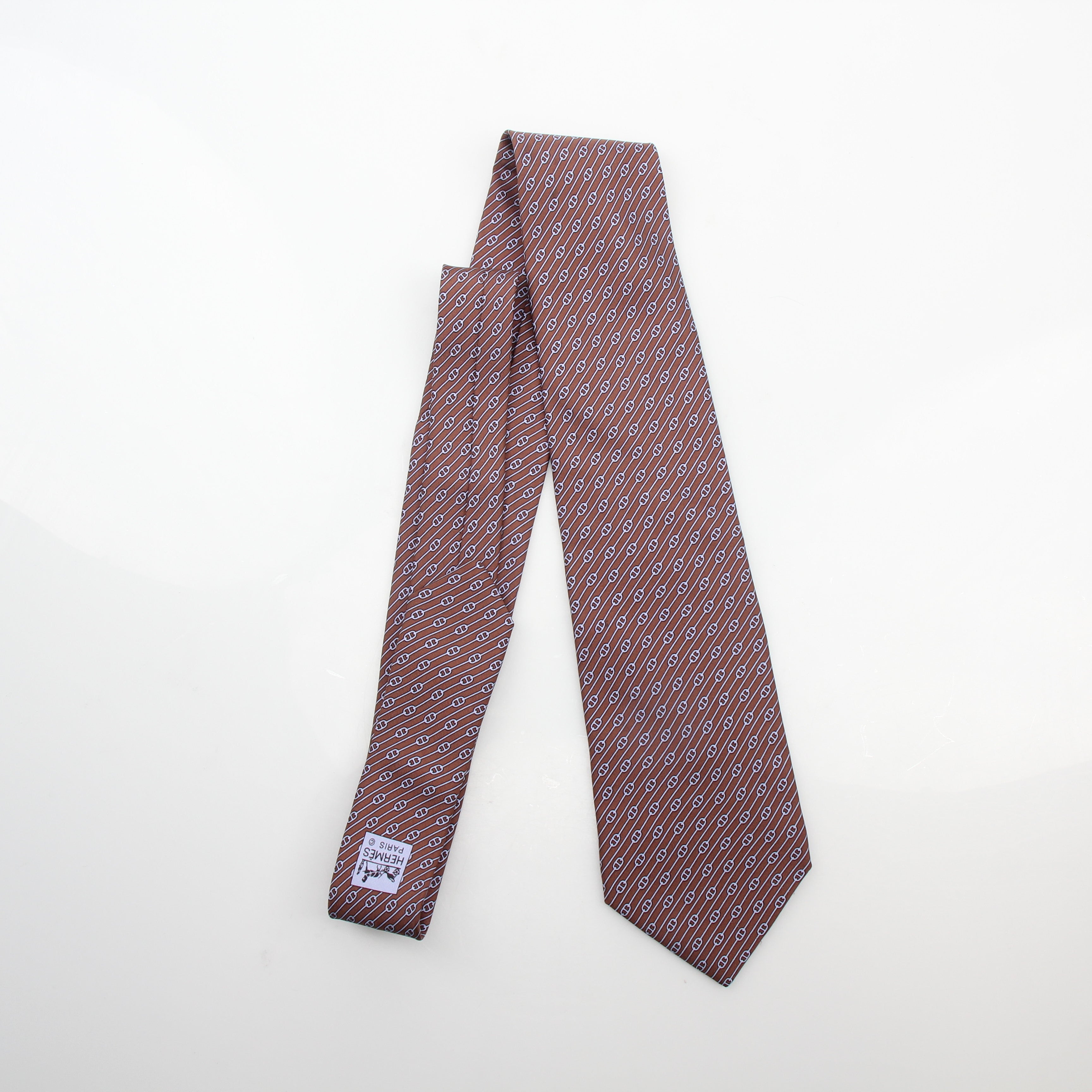 Hermès Brown Purple Chain Print Silk Neck Tie