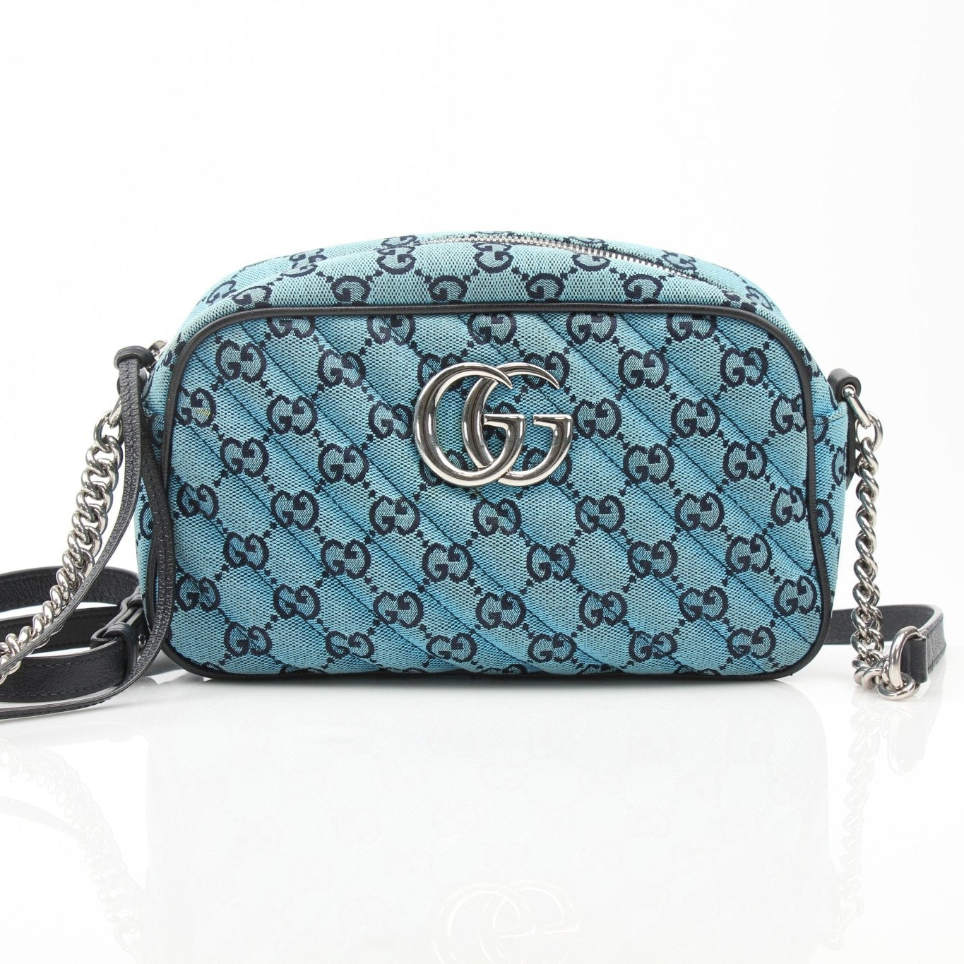 Gold & Beyond Gucci GG Marmont camera bag handbag with chevron quilted leather and gold chain strap, stylish and compact.