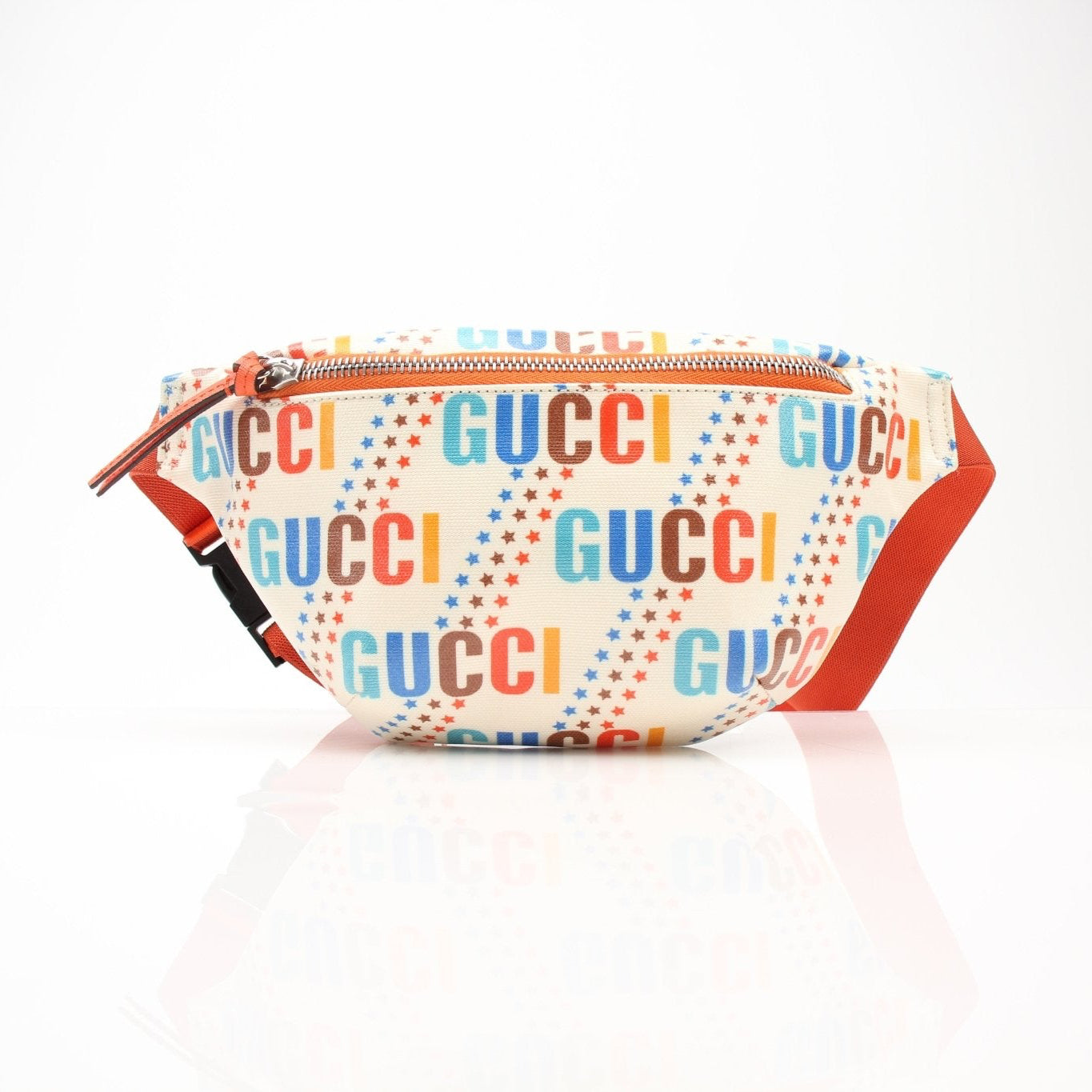 Gold & Beyond Gucci logo print belt bag, stylish handbag featuring iconic branding and compact design.