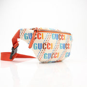 Gold & Beyond Gucci logo print belt bag, stylish handbag with adjustable strap and signature logo design, made of durable material.