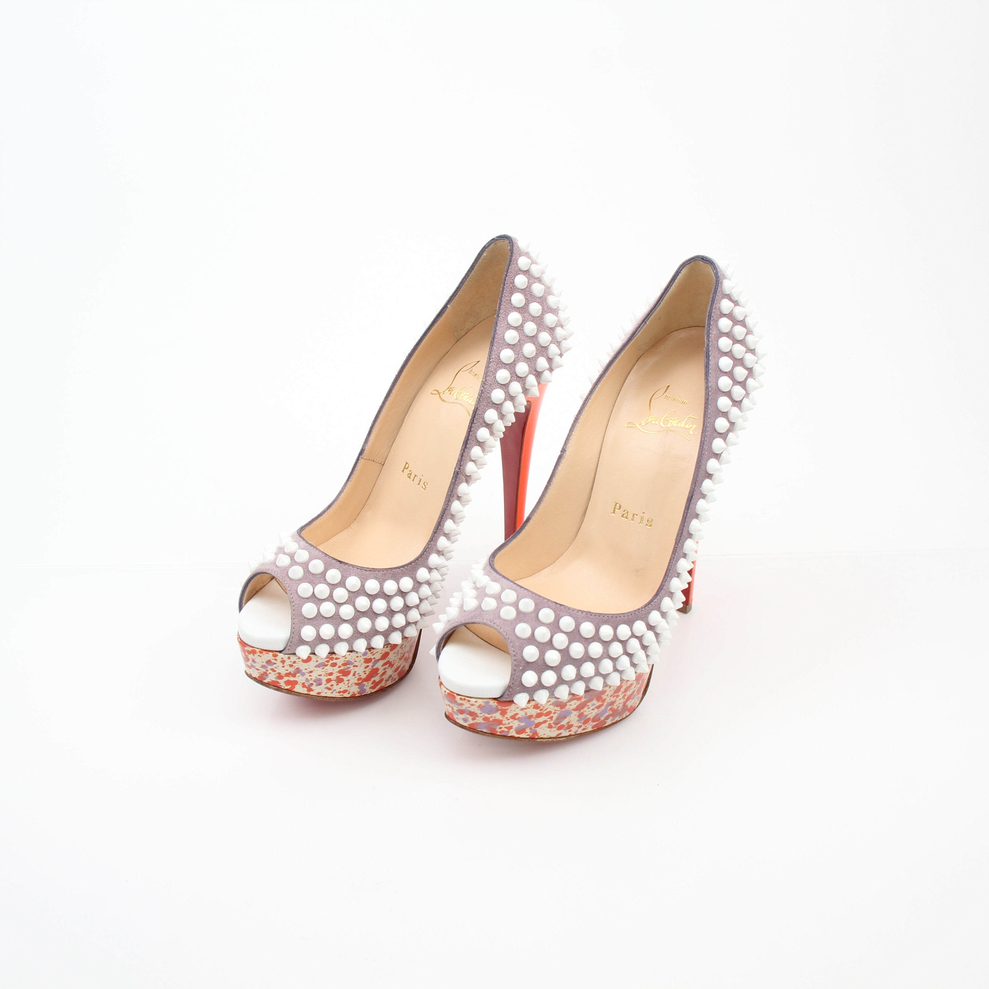 Christian Louboutin Lady Peep Spike Suede Platform Pumps
