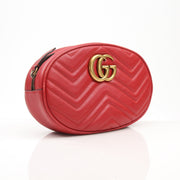 Gold & Beyond Gucci GG Marmont belt bag handbag with quilted leather and gold-tone hardware, showing the front view.