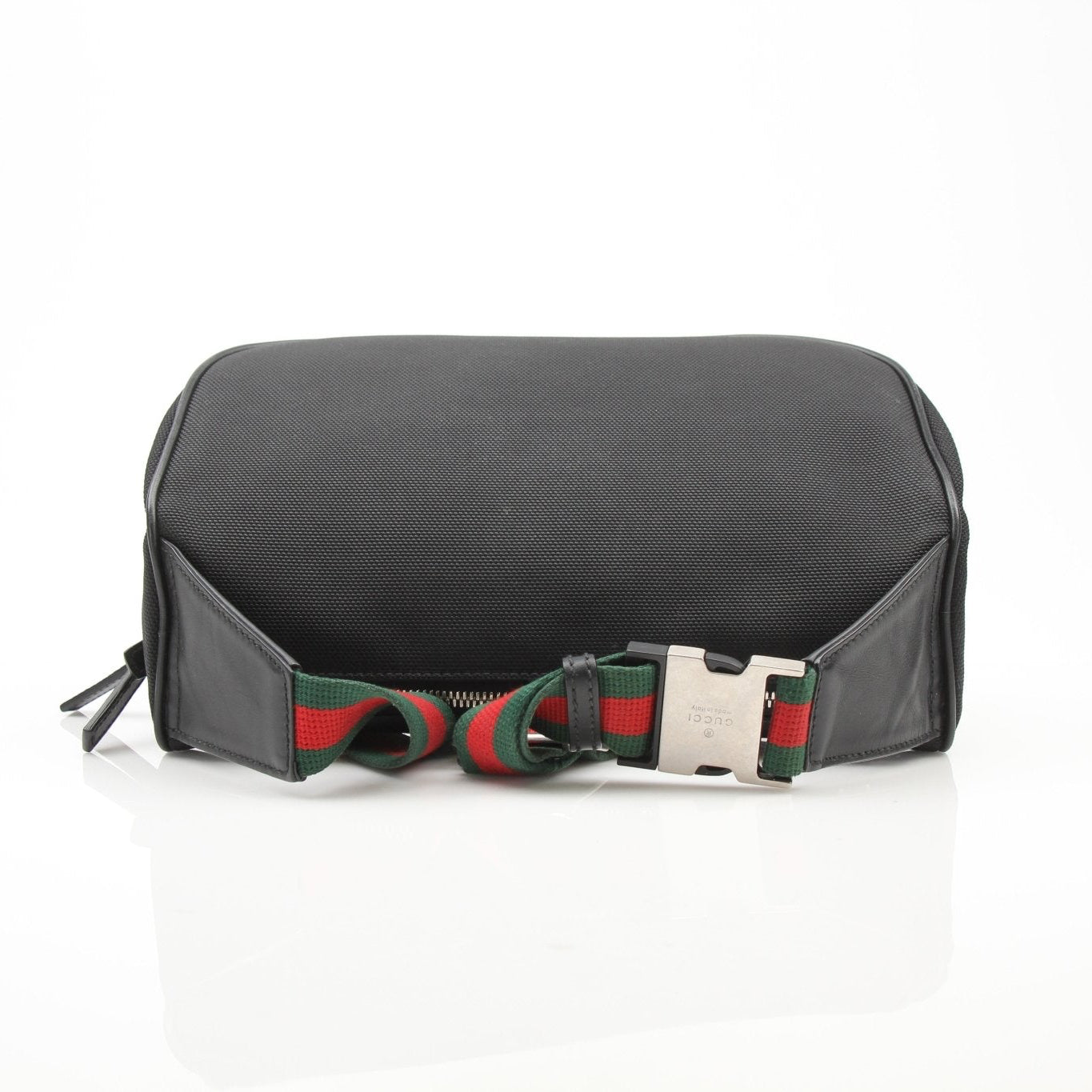 Gucci Techno Web Canvas waist bag with adjustable strap, black and green design, and gold-tone hardware for stylish convenience.