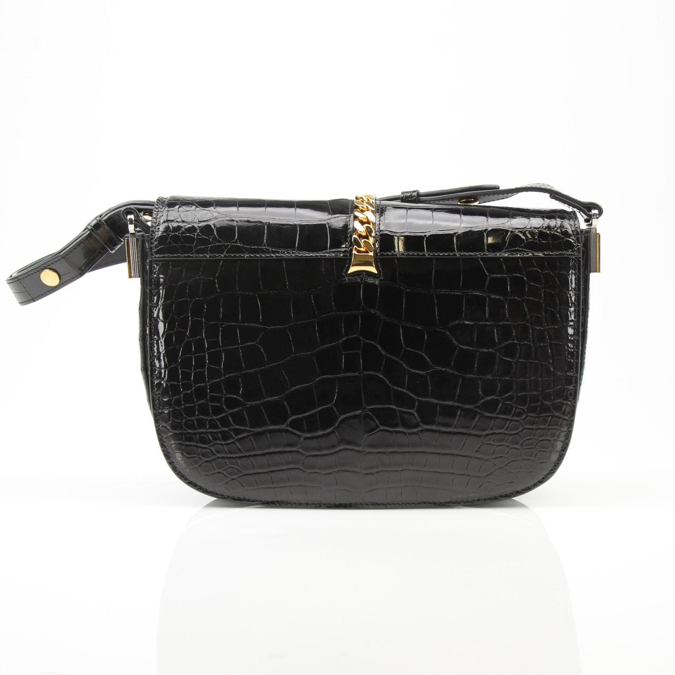 Gucci Crocodile Black Sylvie Shoulder Bag, luxurious handbag with sleek crocodile leather and elegant design.