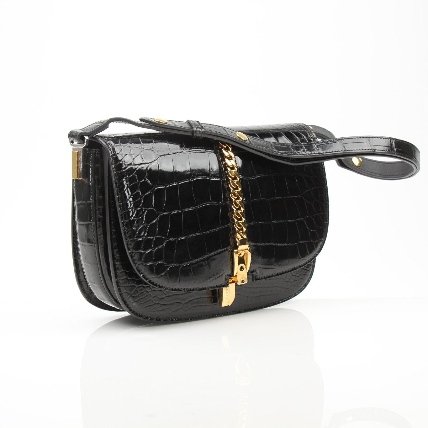 Gucci Crocodile Black Sylvie Shoulder Bag, luxurious handbag with sleek crocodile leather, gold-tone hardware, and shoulder strap.
