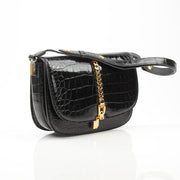 Gucci Crocodile Black Sylvie Shoulder Bag, luxurious handbag with sleek crocodile leather, gold-tone hardware, and shoulder strap.