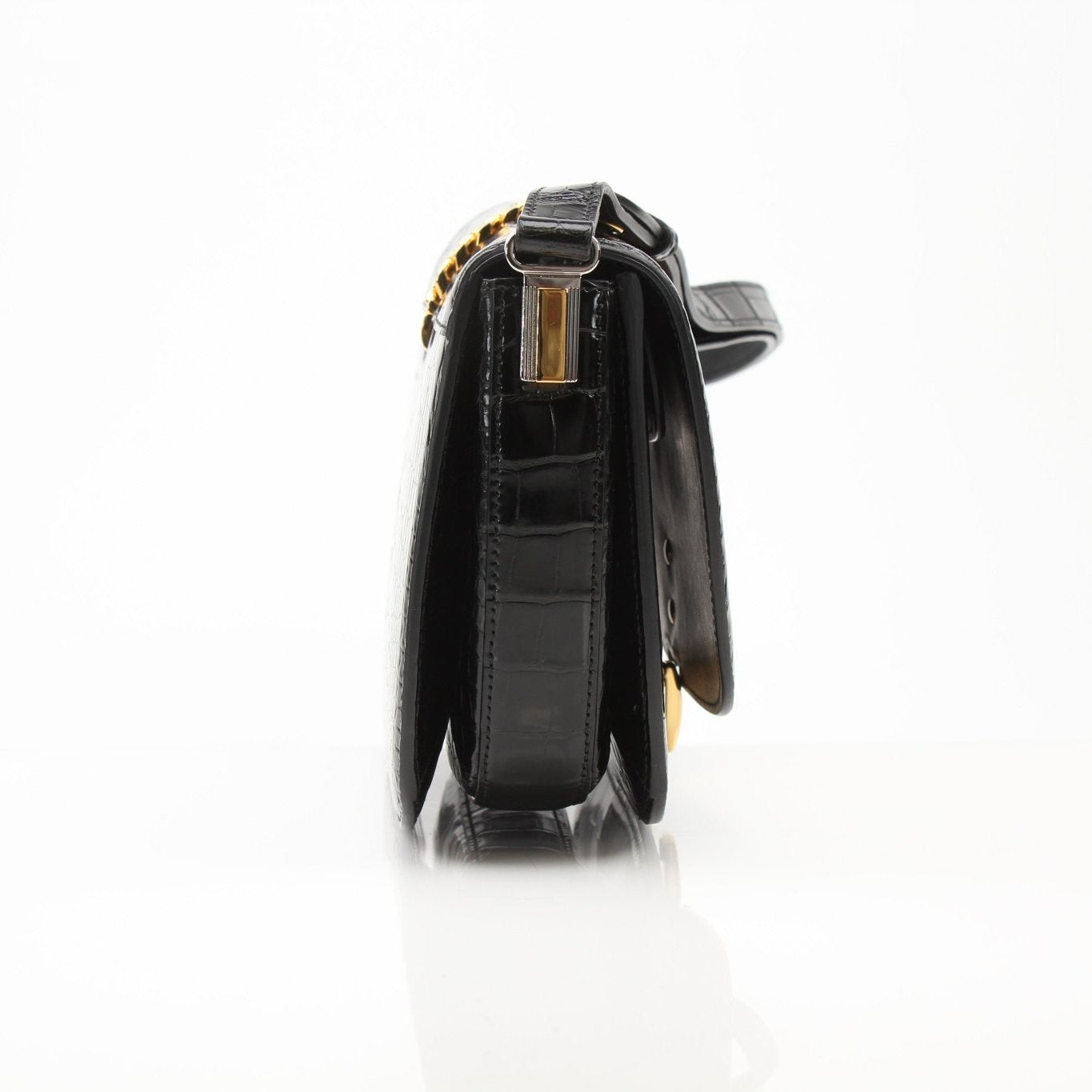 Black Gucci crocodile Sylvie shoulder handbag with gold-tone hardware, featuring a sleek, structured design and adjustable shoulder strap.