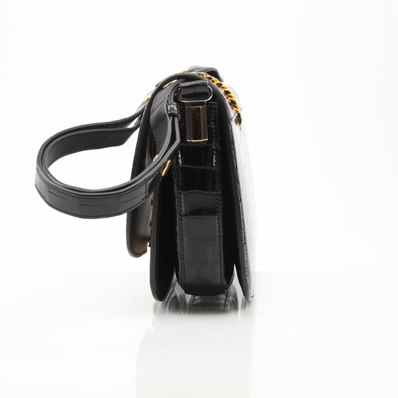 Gucci Crocodile Black Sylvie Shoulder Bag, luxurious crocodile leather handbag with gold chain strap and elegant design