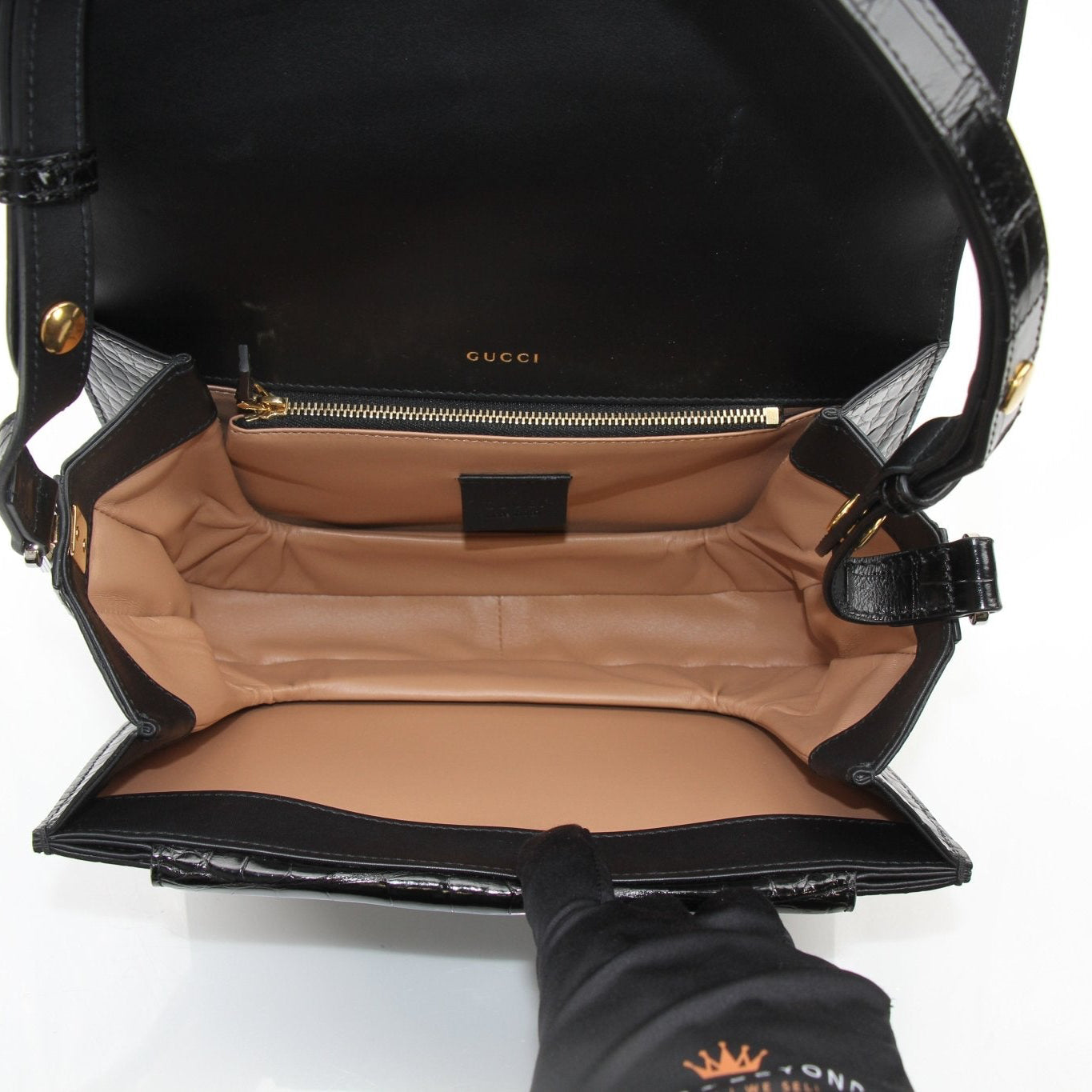Black Gucci Crocodile Sylvie Shoulder Bag, luxury handbag with gold accents, featuring a sleek design and elegant craftsmanship.