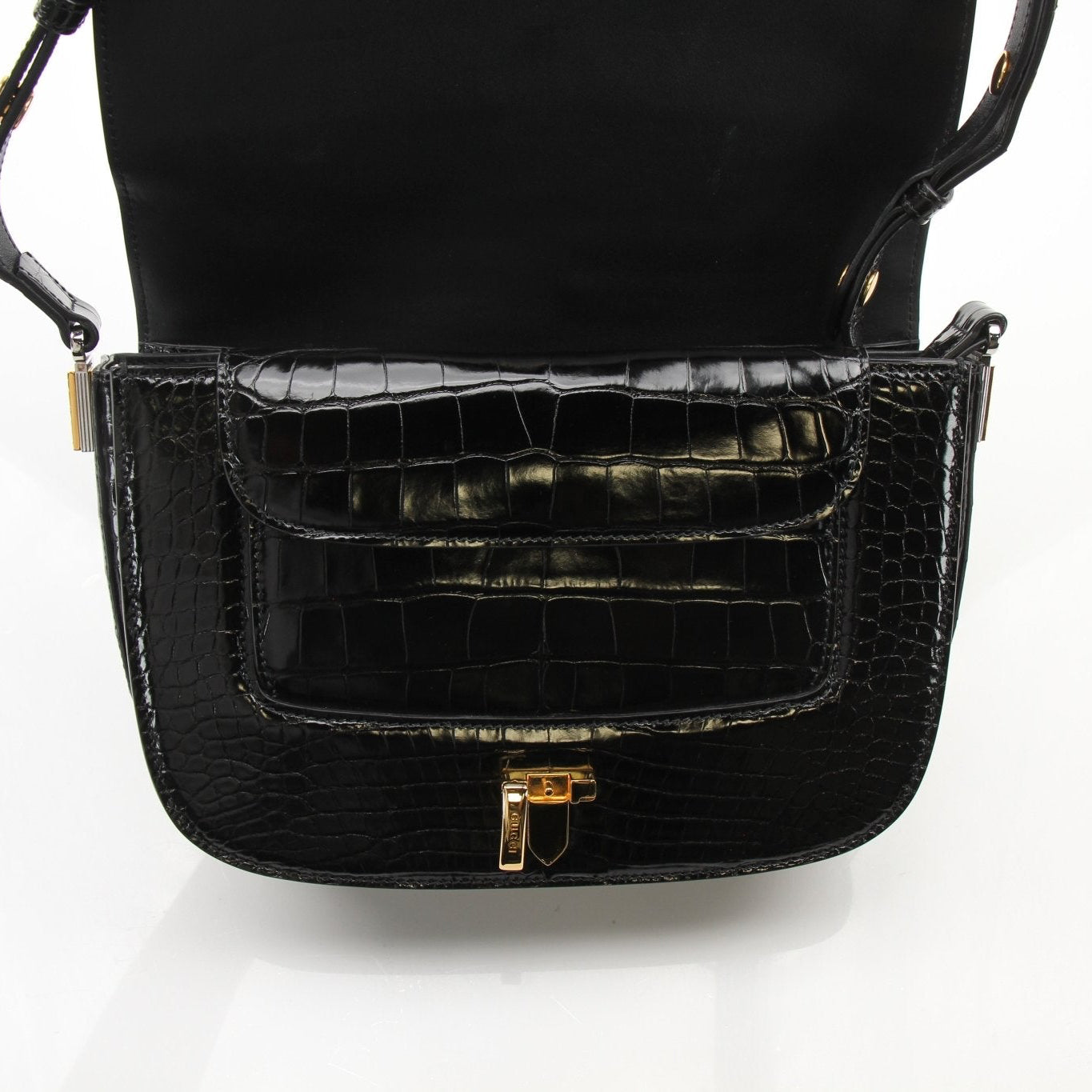 Gucci crocodile black Sylvie shoulder handbag with gold-tone hardware, featuring a sleek, luxurious design and top handle.