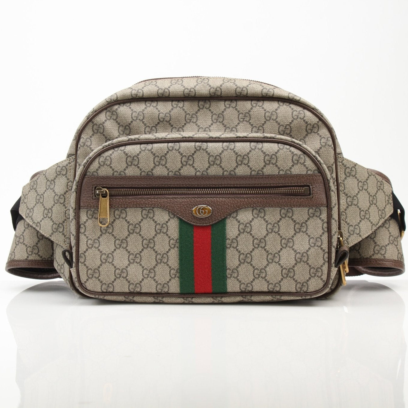Gucci GG Ophidia belt bag with signature monogram canvas and leather accents, stylish handbag by Gold & Beyond.