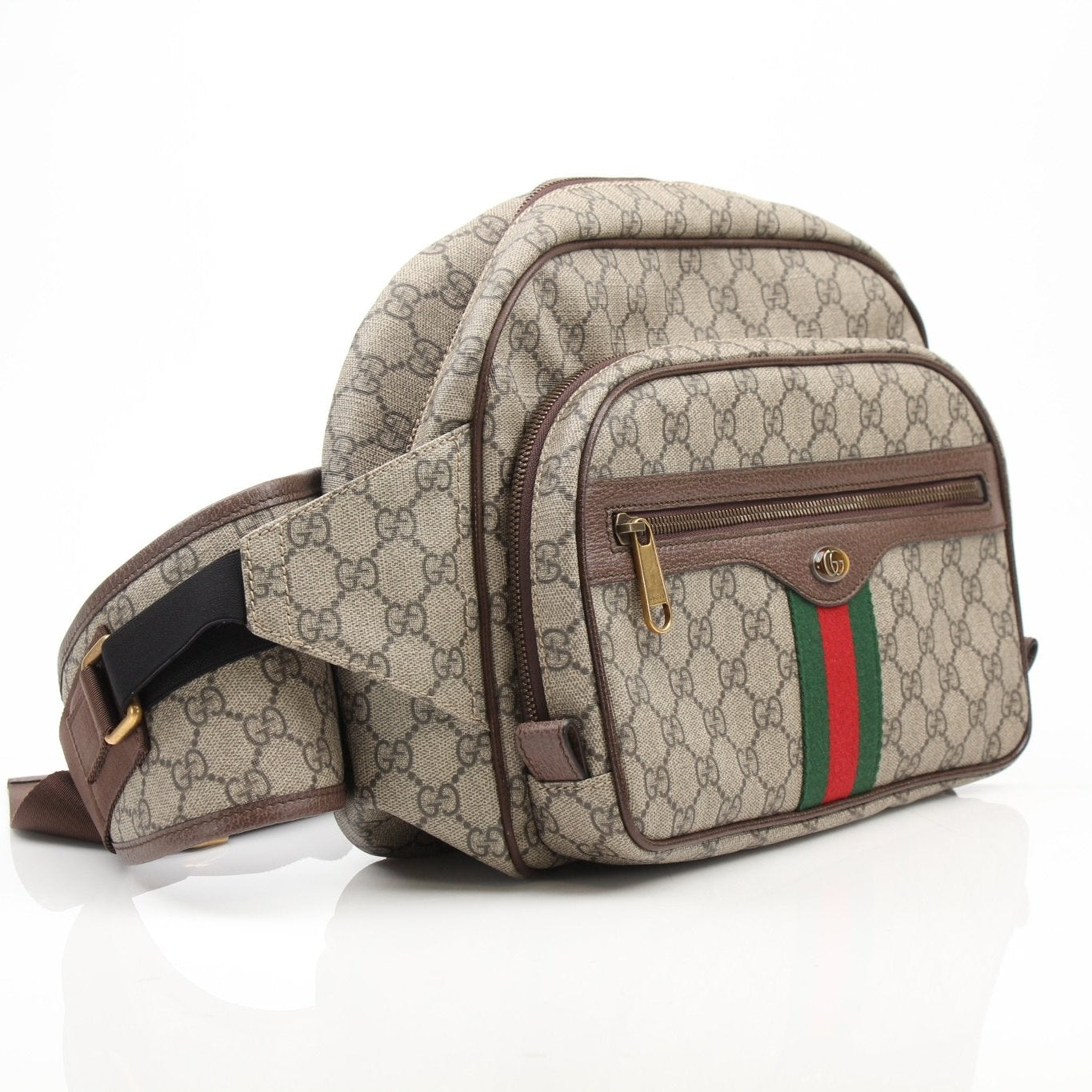 Gucci GG Ophidia belt bag featuring signature monogram canvas, leather trim, and adjustable strap, stylish handbag accessory.