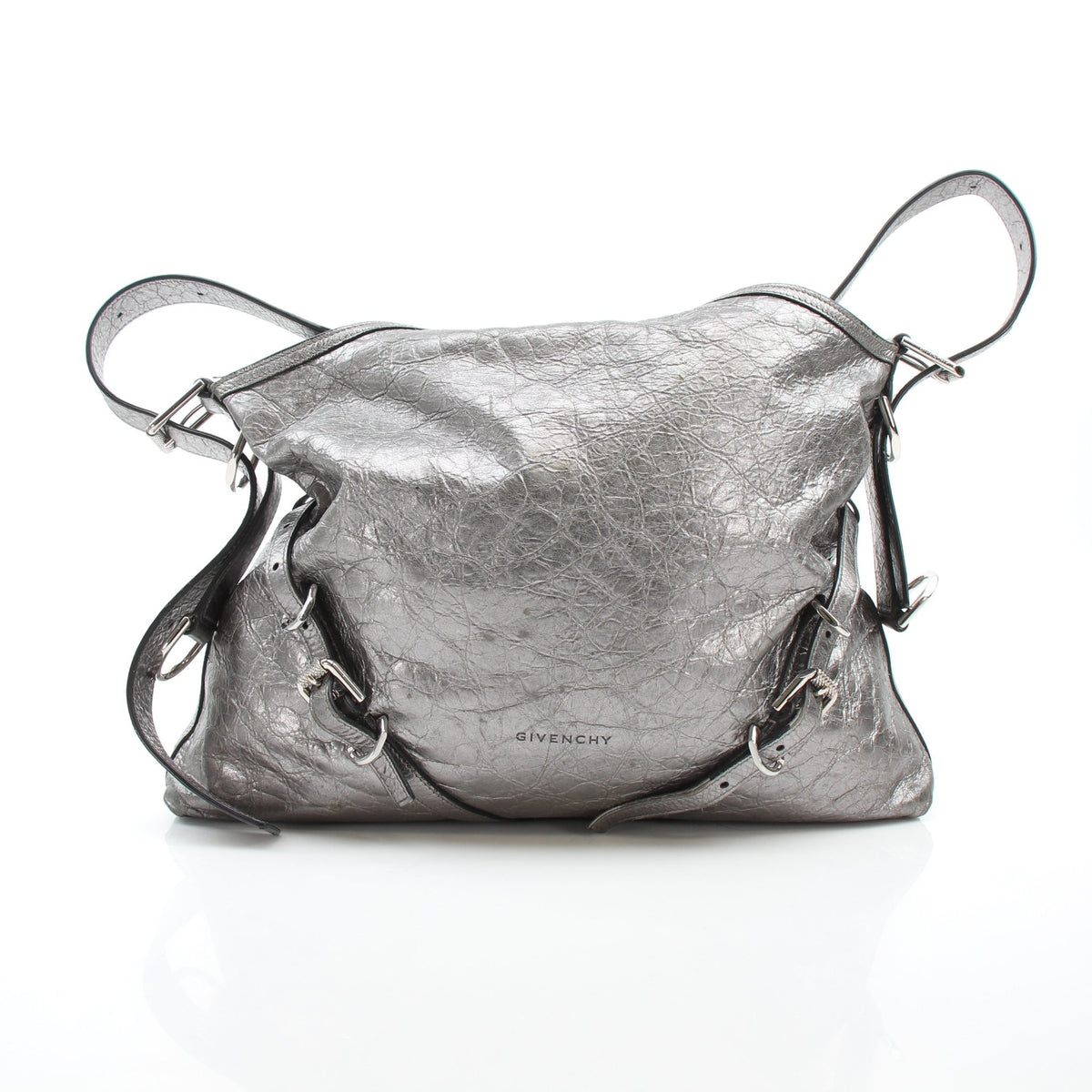 Givenchy Voyou Medium Metallic Silver Calfskin Shoulder Bag with chain strap and rounded silhouette, stylish and luxurious handbag.
