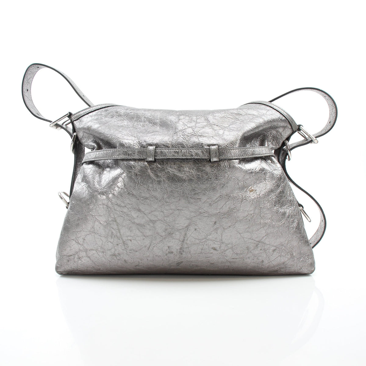Givenchy Voyou medium metallic silver calfskin shoulder handbag with top handle and shoulder strap, stylish and luxurious.