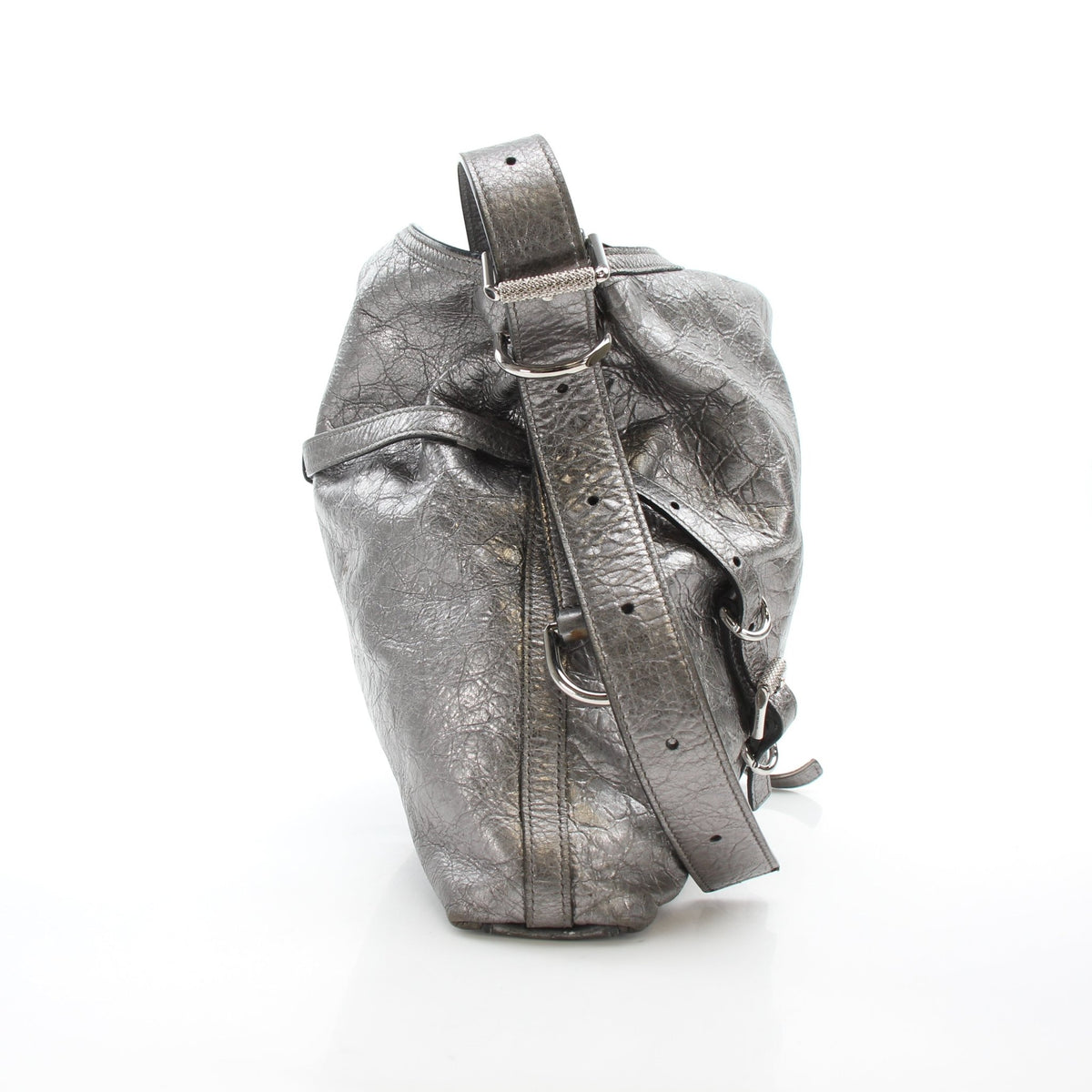 Givenchy Voyou medium metallic silver calfskin handbag, stylish shoulder bag with sleek silver finish and structured design.