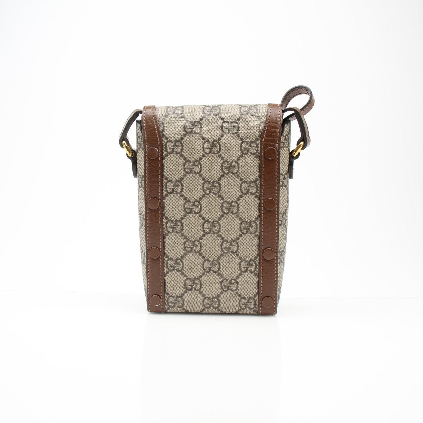 Gold & Beyond Gucci GG Supreme Horsebit Mini Crossbody Purse, stylish handbag with signature pattern and horsebit detail.