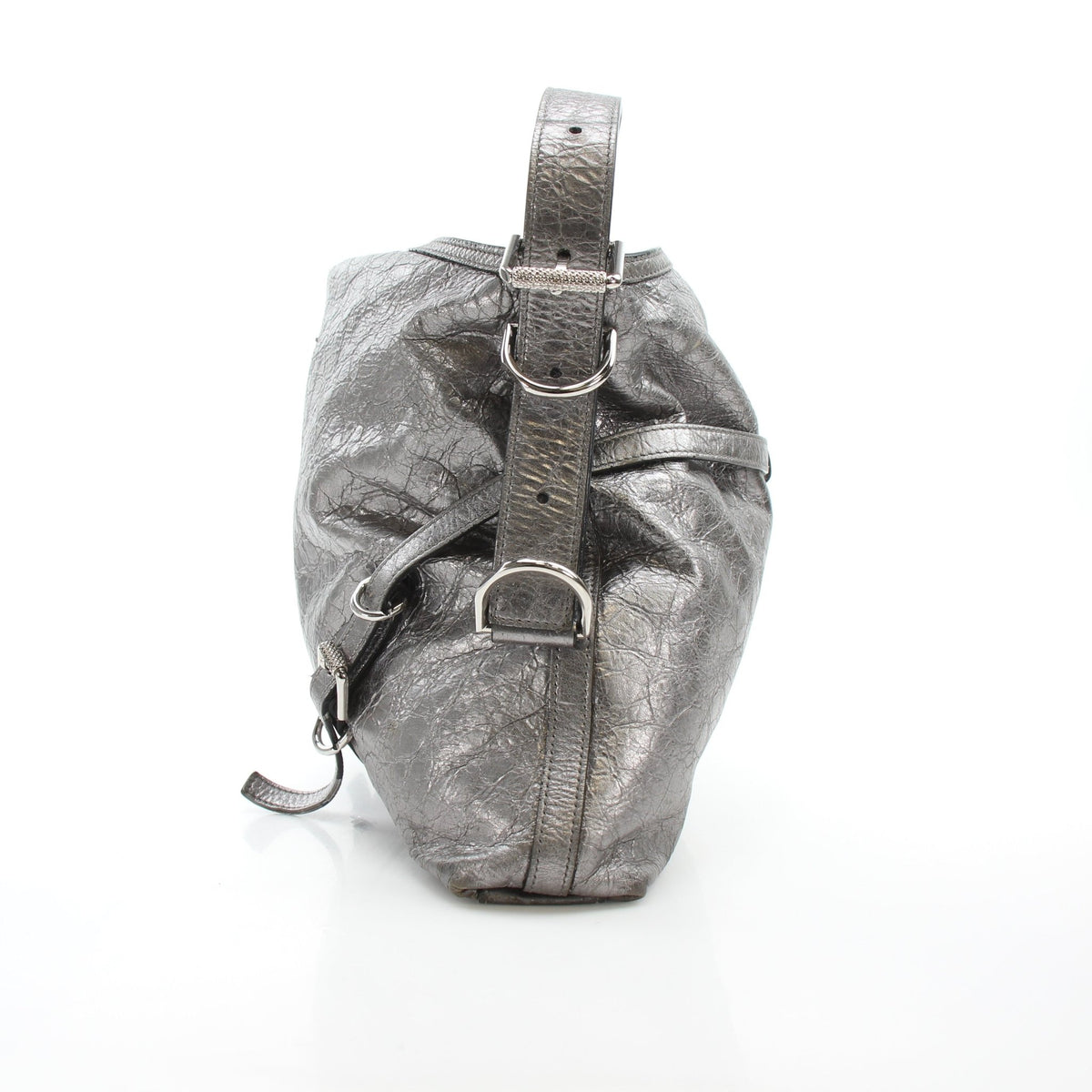 Givenchy Voyou Medium Metallic Silver Calfskin Handbag with shoulder strap, stylish and luxurious designer accessory.