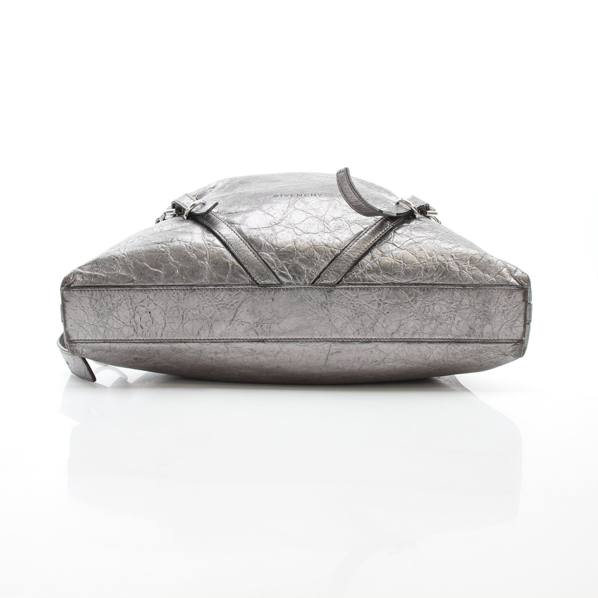 Givenchy Voyou medium metallic silver calfskin handbag with shoulder strap and sleek design.