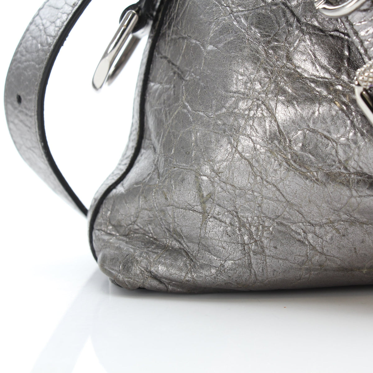 Givenchy Voyou medium metallic silver calfskin shoulder handbag with gold hardware and a sleek, modern design.