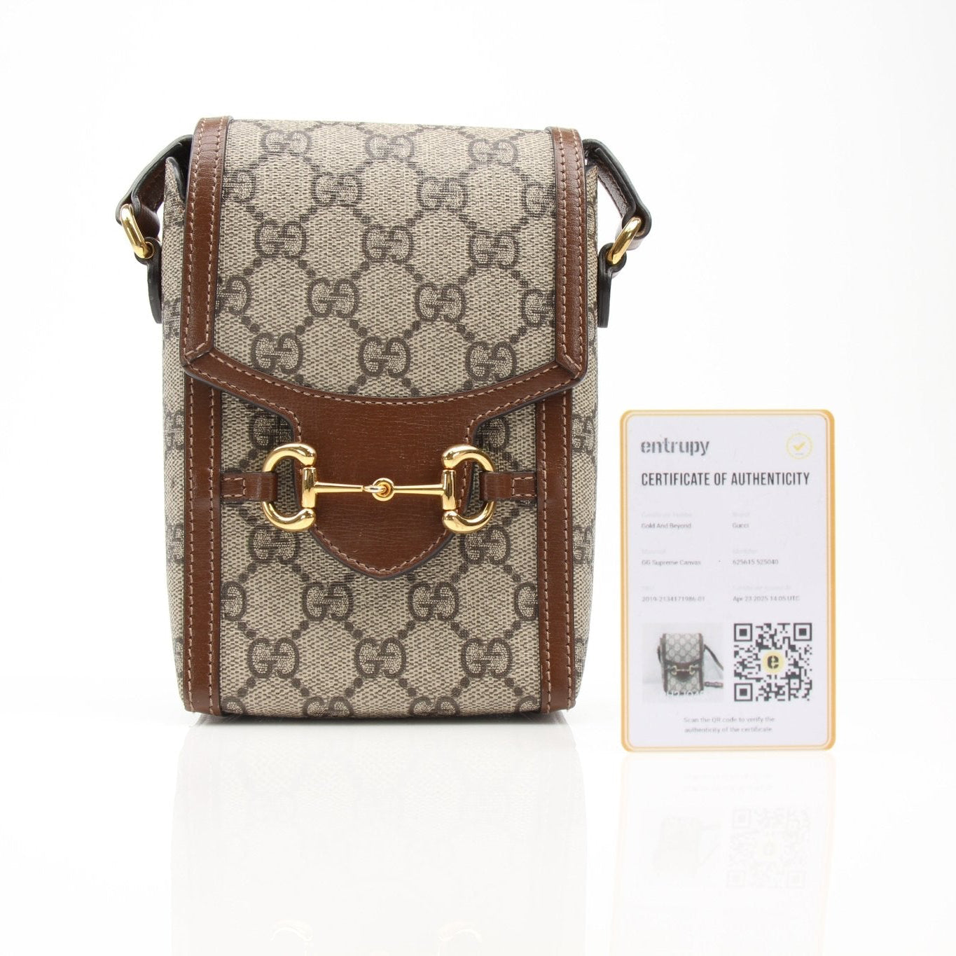 Gold & Beyond Gucci GG Supreme Horsebit Mini Crossbody Purse, stylish handbag with signature pattern and gold-tone hardware.