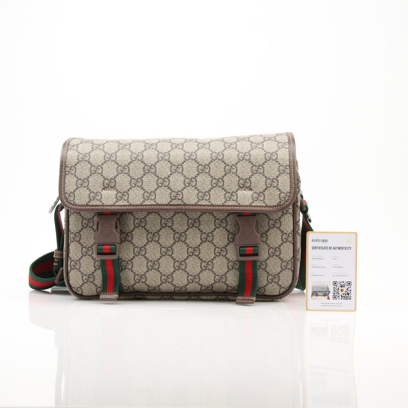 Gold & Beyond Gucci GG Supreme Messenger Bag, stylish handbag with signature monogram canvas and leather accents.