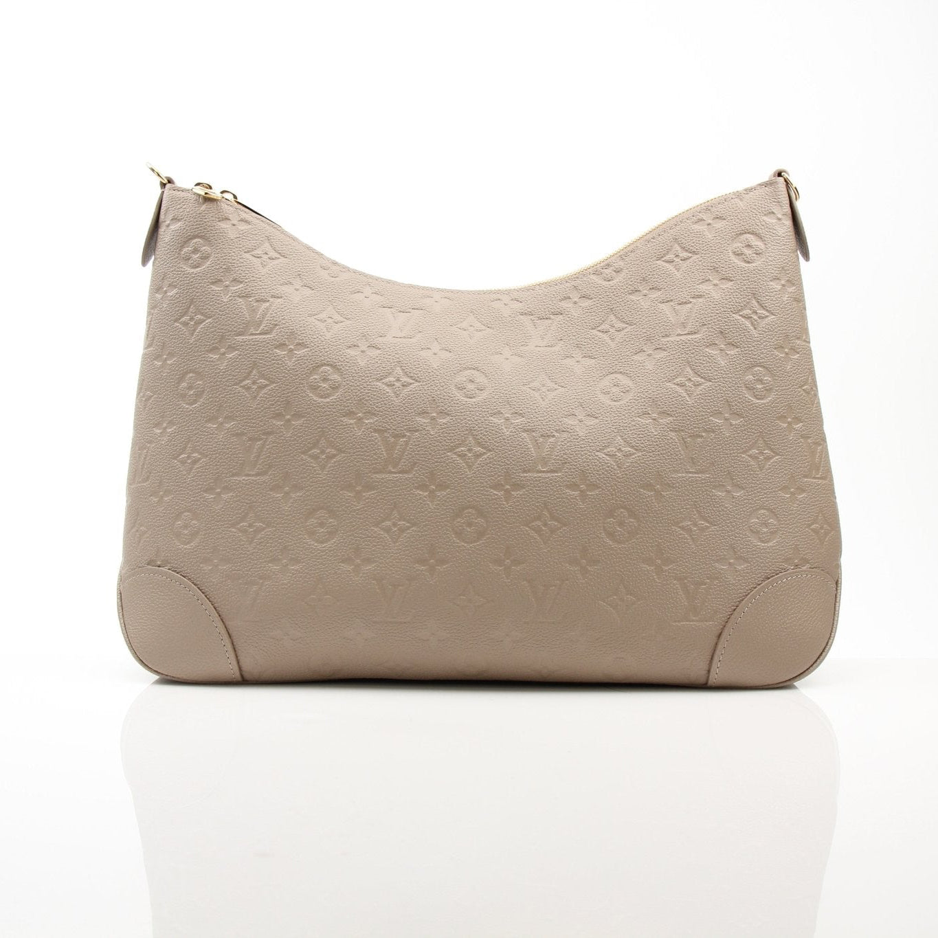 Gold & Beyond Louis Vuitton Boulogne GM shoulder handbag with monogram canvas and leather strap on a plain background.