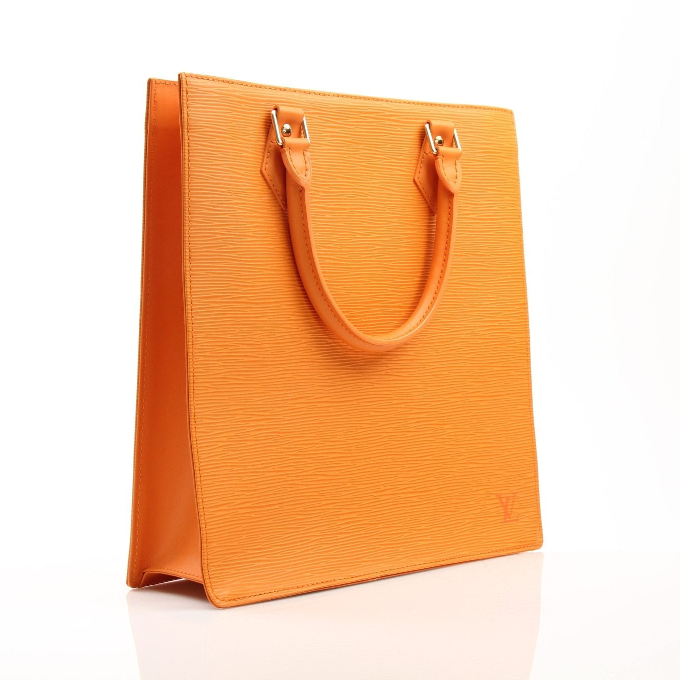 Louis Vuitton Epi Sac Plat leather tote bag with structured design and top handles, featuring the brand's signature textured leather.