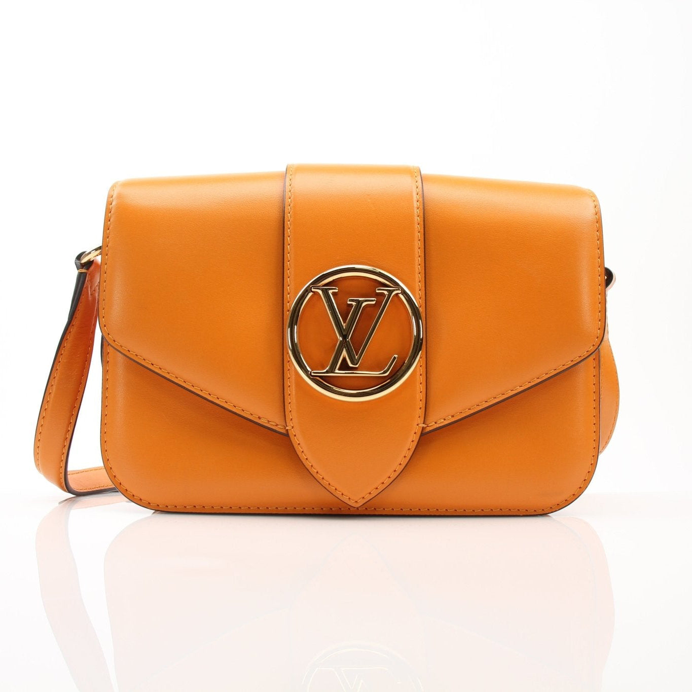 Louis Vuitton orange Port 9 MM crossbody handbag with gold accents, featuring a sleek design and adjustable strap.