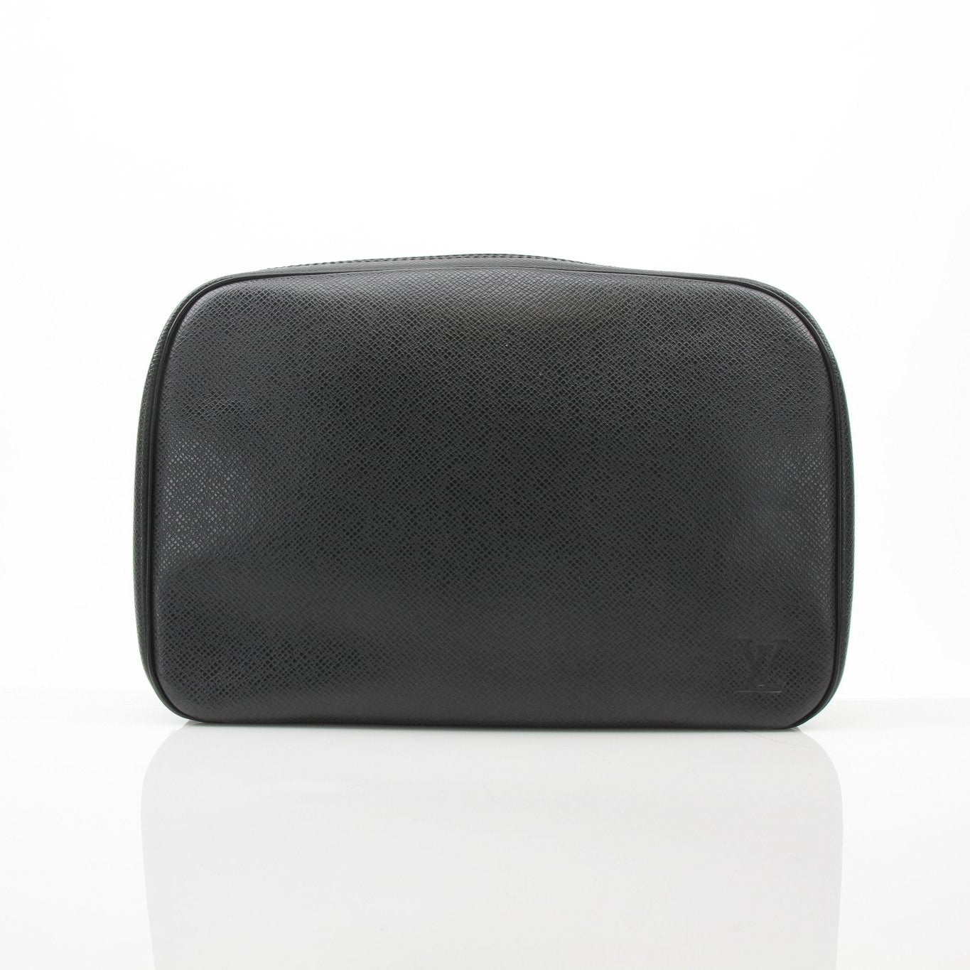 Louis Vuitton black Zippy toiletry bag vanity case with gold accents, compact and stylish for travel storage.