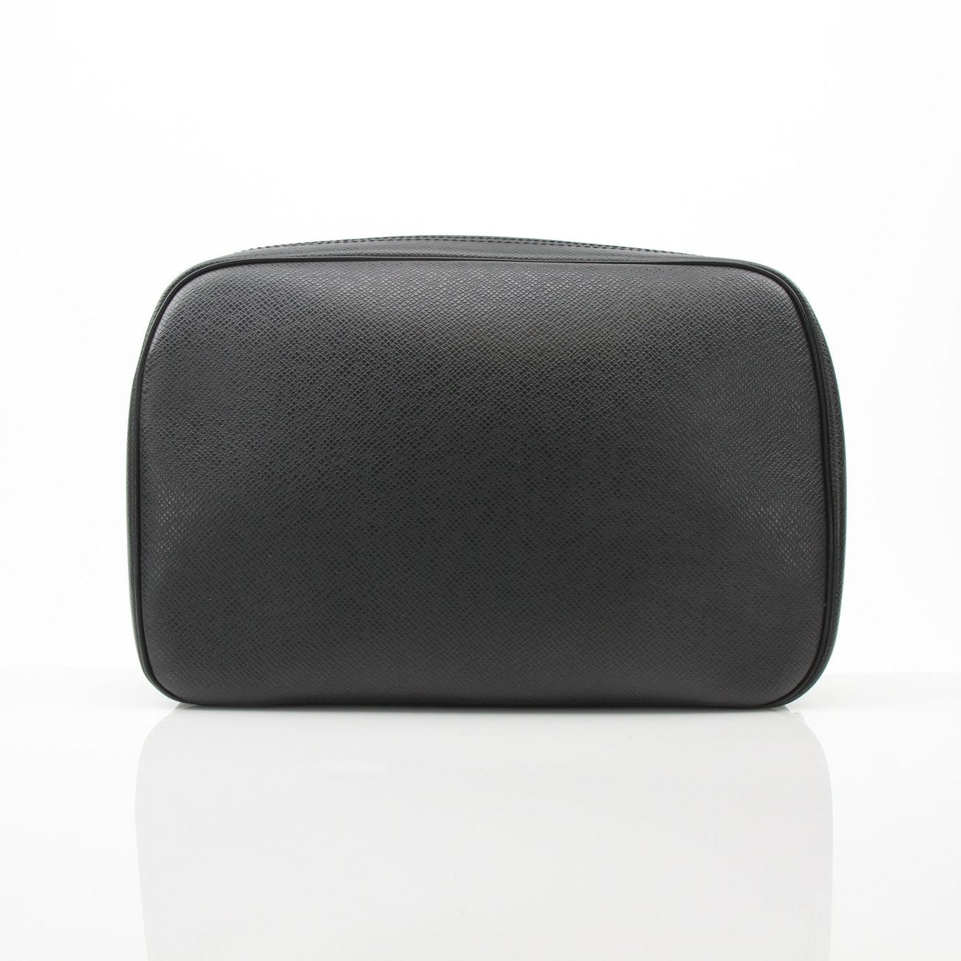 Louis Vuitton black zipper toiletry bag with compact vanity case design for travel and organization.