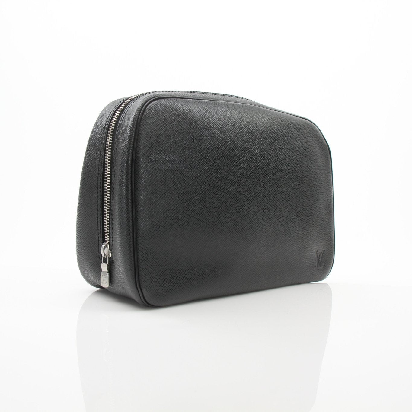 Louis Vuitton black zippy toiletry bag vanity case with gold accents, featuring sleek design and secure zipper closure.