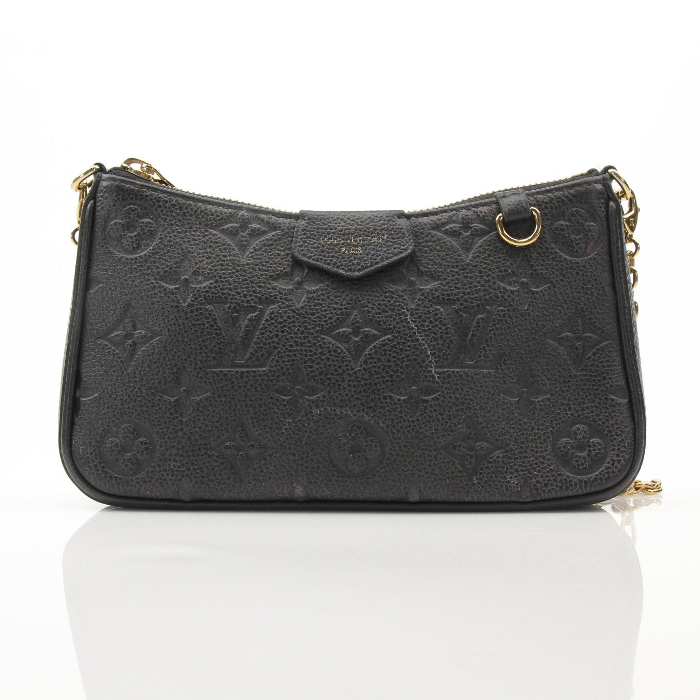 Louis Vuitton black Easy Pouch handbag with strap, featuring sleek design and gold accents, stylish and compact for everyday use.